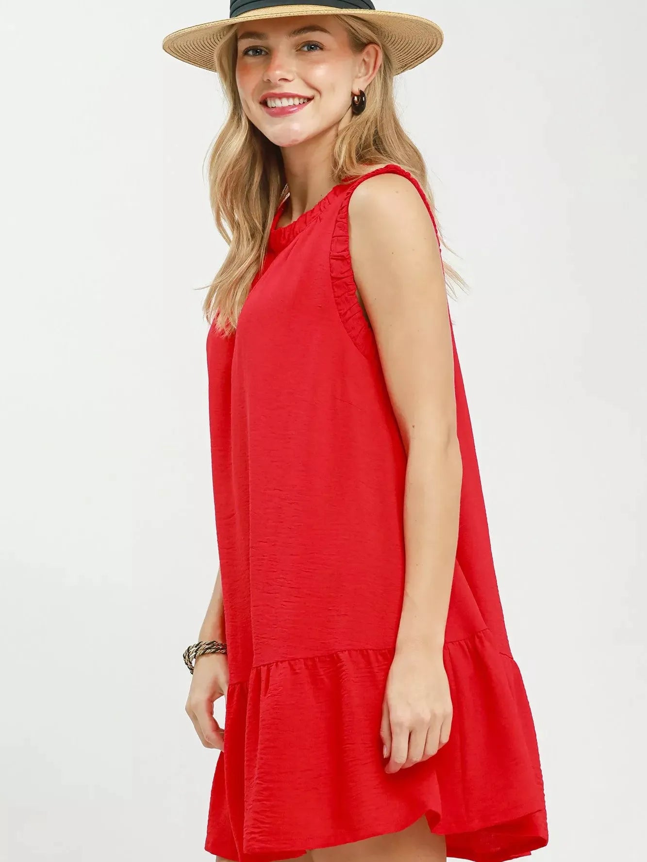 Umgee Tomato Tango Sleeveless Ruffle Trim Drop Waist Mini Dress-Women's Dresses-Shop Z & Joxa