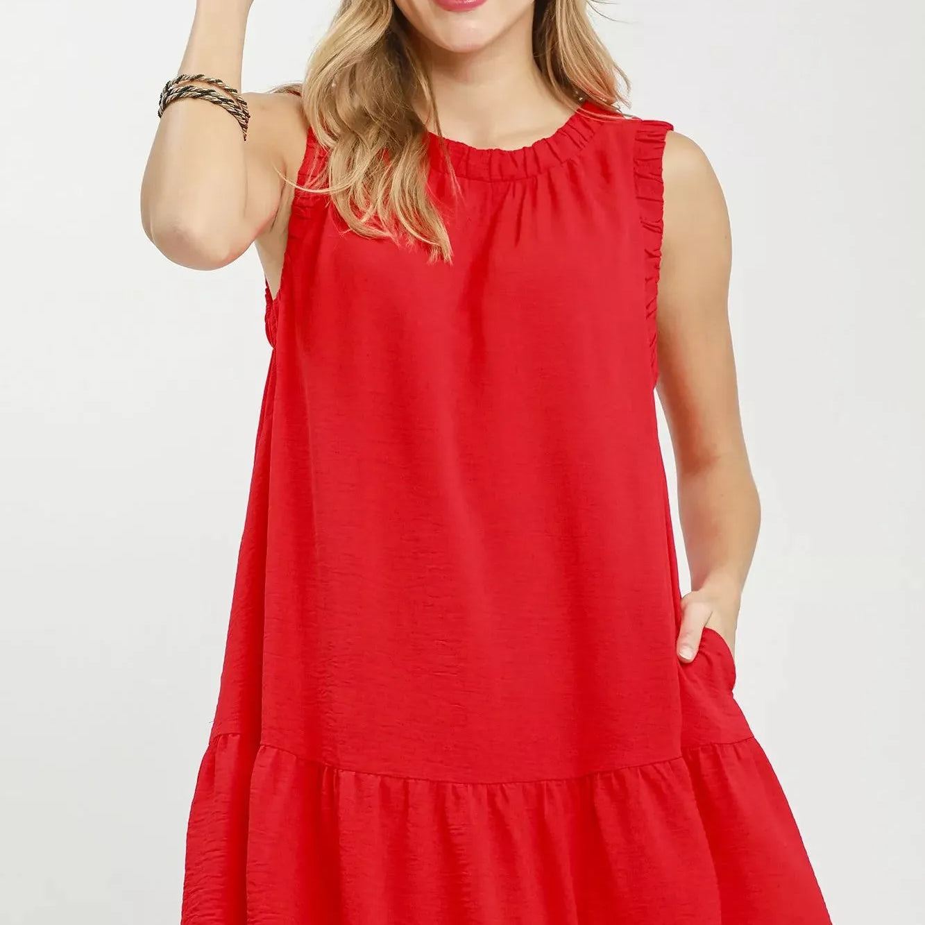 Umgee Tomato Tango Sleeveless Ruffle Trim Drop Waist Mini Dress-Women's Dresses-Shop Z & Joxa