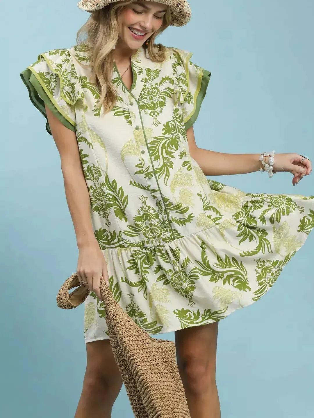 Umgee Tropical Toile Grace Floral Placket Ruffle Mini Dress-Women's Dresses-Shop Z & Joxa