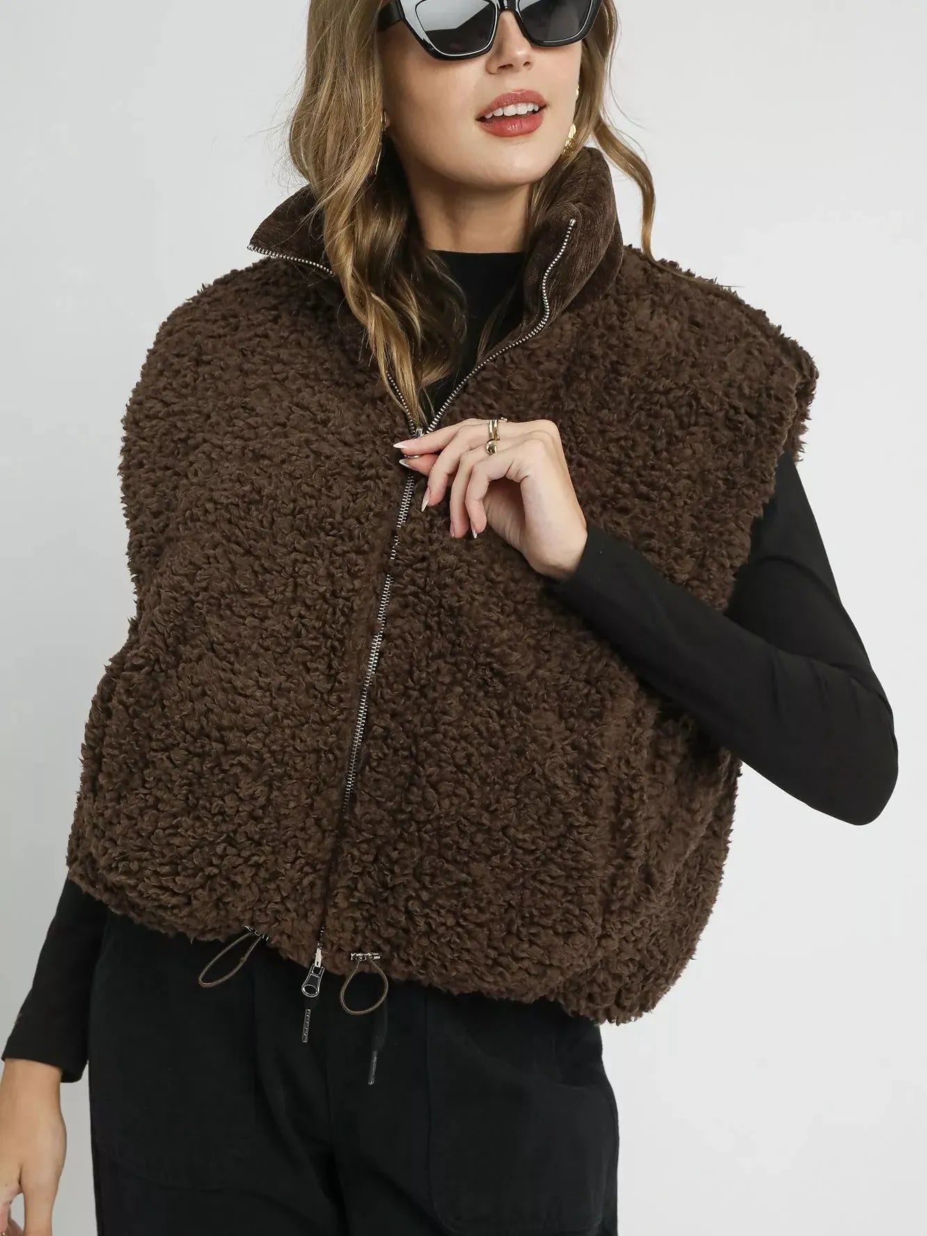 Umgee Twice as Nice Reversble Sherpa Zip Drawstring Vest-Women's Outerwear-Shop Z & Joxa