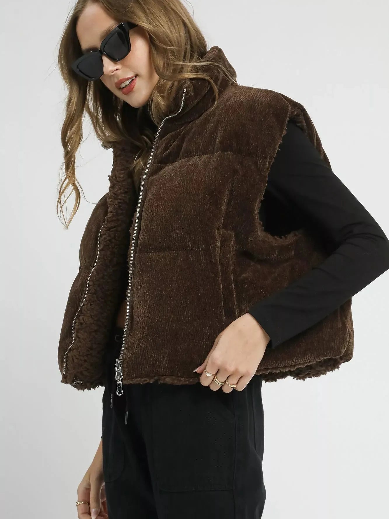 Umgee Twice as Nice Reversble Sherpa Zip Drawstring Vest-Women's Outerwear-Shop Z & Joxa