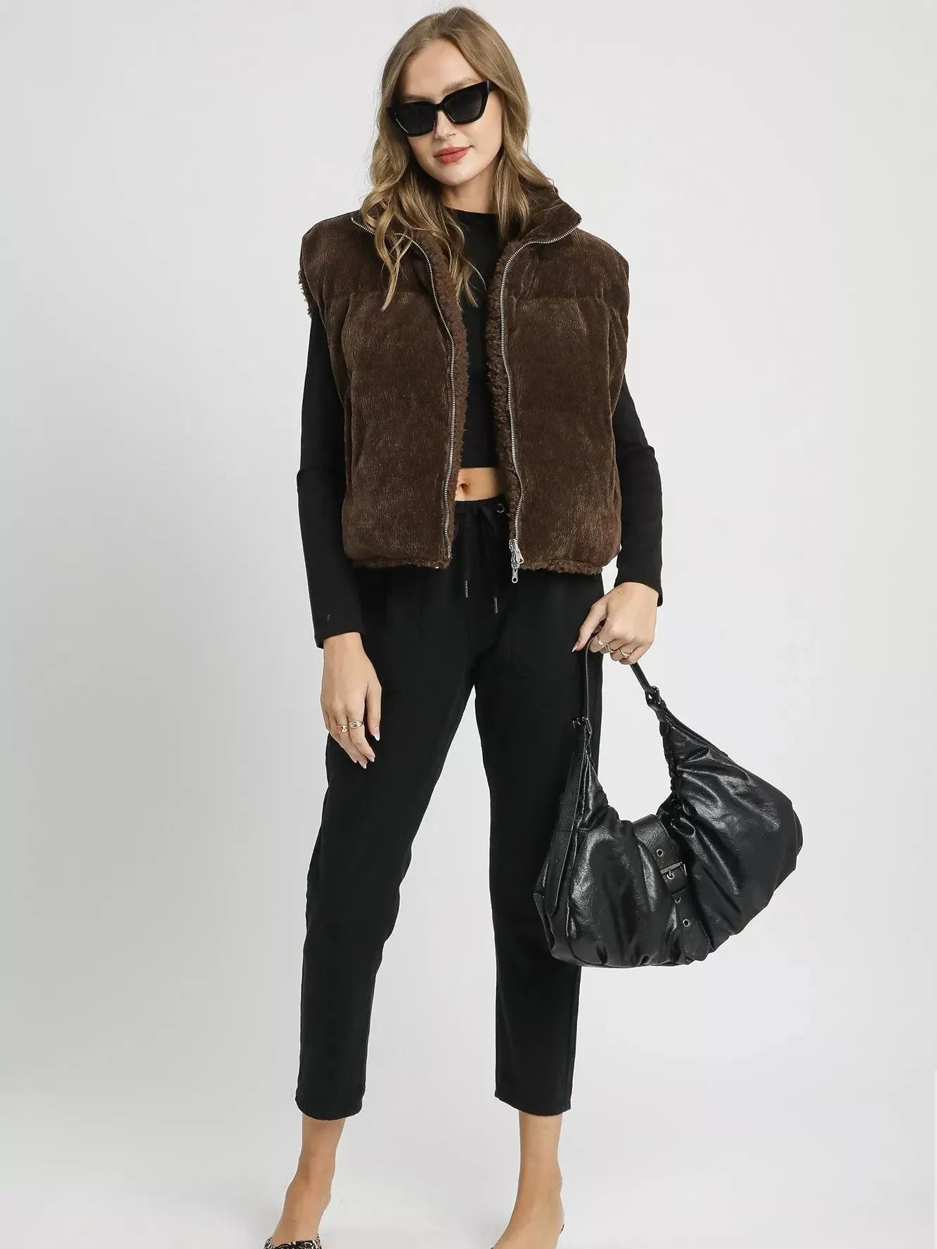 Umgee Twice as Nice Reversble Sherpa Zip Drawstring Vest-Women's Outerwear-Shop Z & Joxa