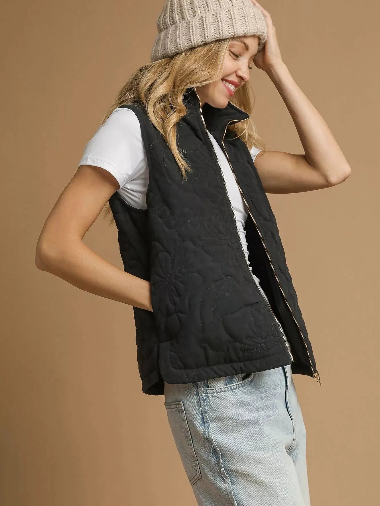Umgee Urban Layer Zip up Floral Quilted Vest-Women's Outerwear-Shop Z & Joxa