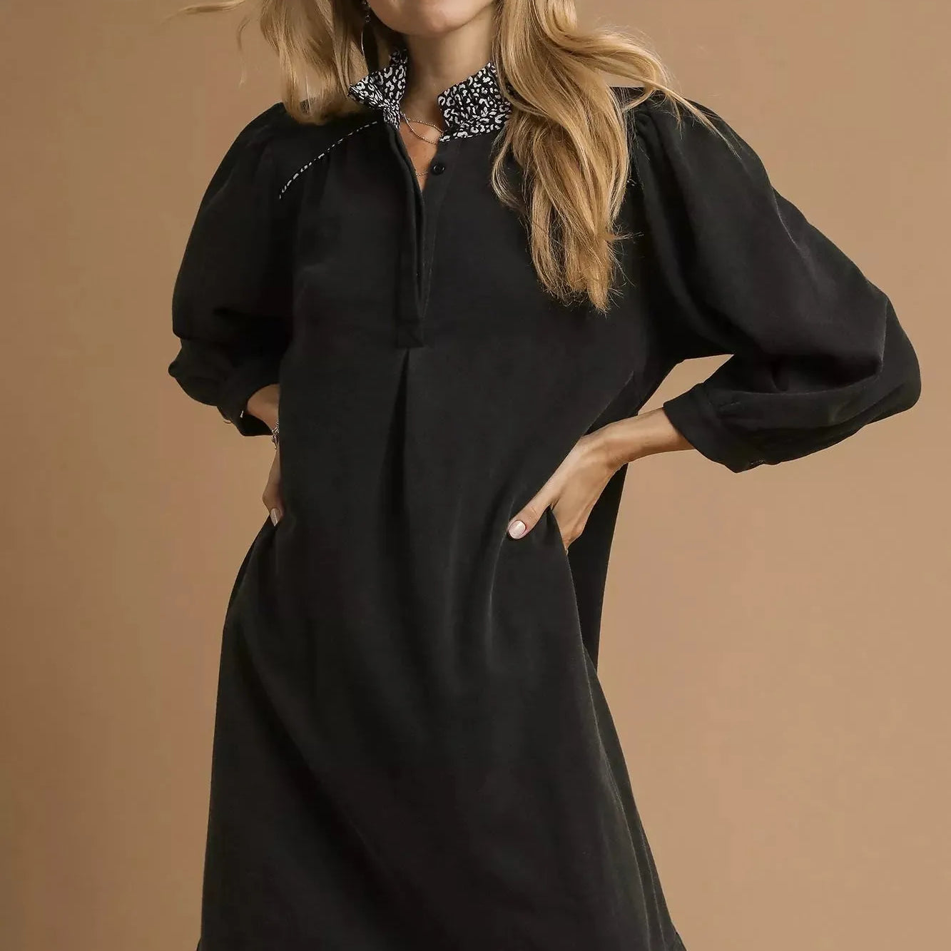 Umgee Urban Safari French Terry Mini Dress with Leopard Accent-Women's Dresses-Shop Z & Joxa