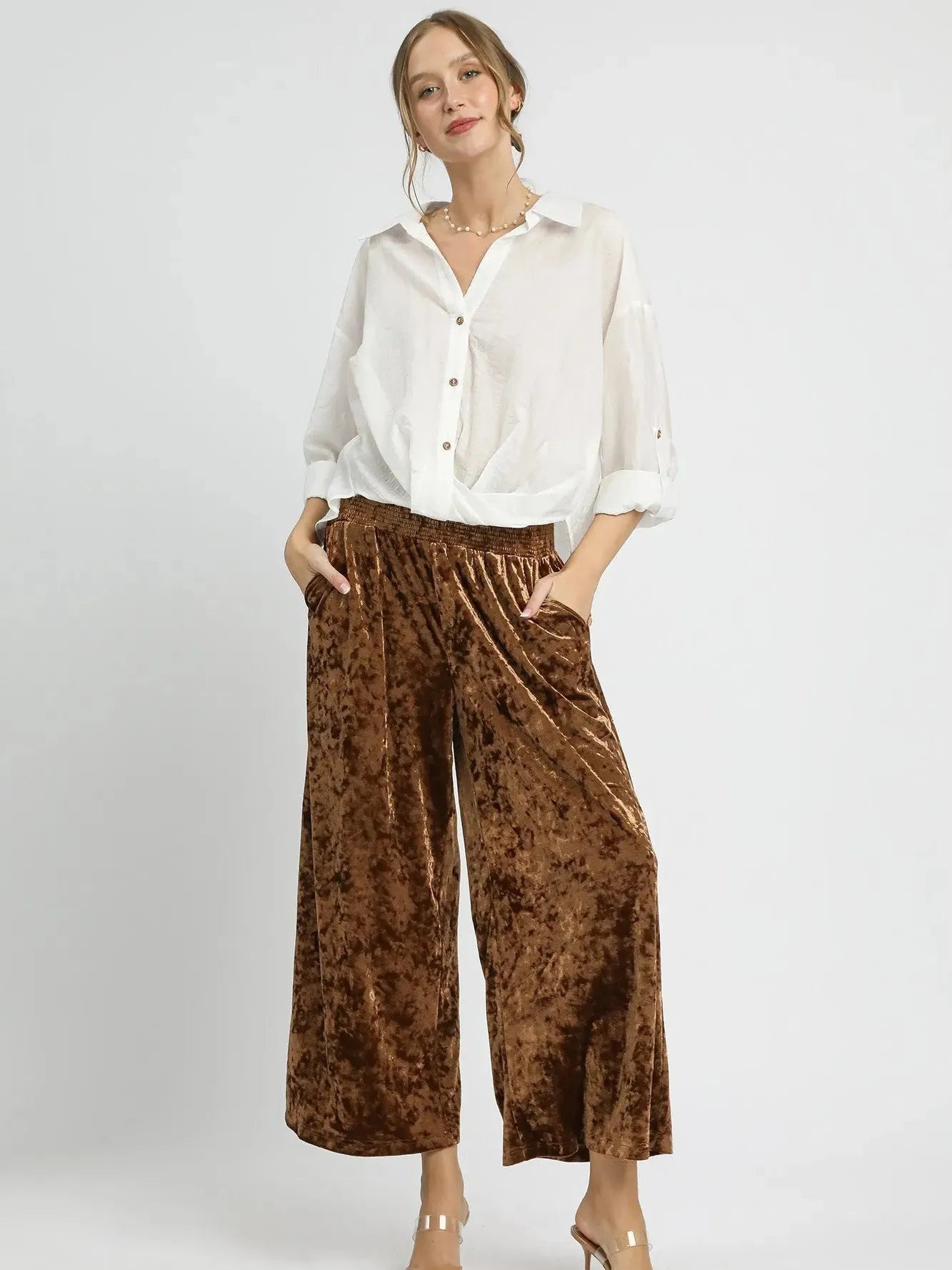 Umgee Velvet Crush Smocked Waist Wide Cropped Pants in Cocoa-Women's Pants-Shop Z & Joxa