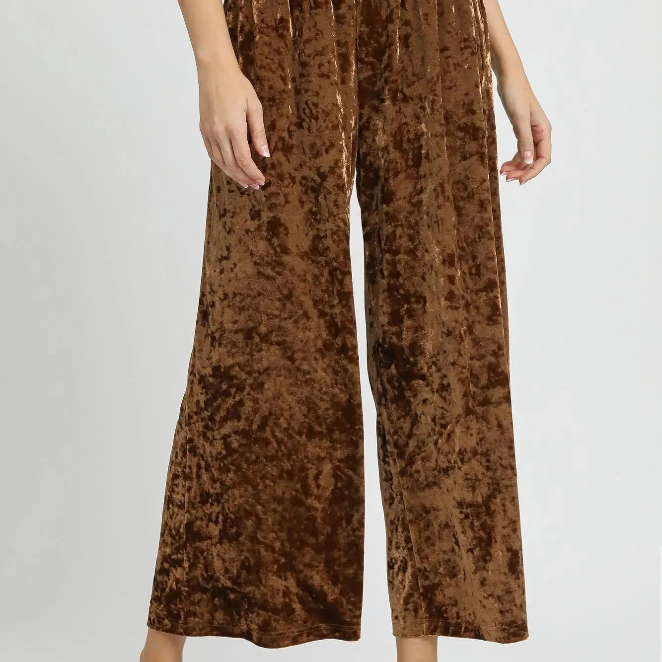 Umgee Velvet Crush Smocked Waist Wide Cropped Pants in Cocoa-Women's Pants-Shop Z & Joxa