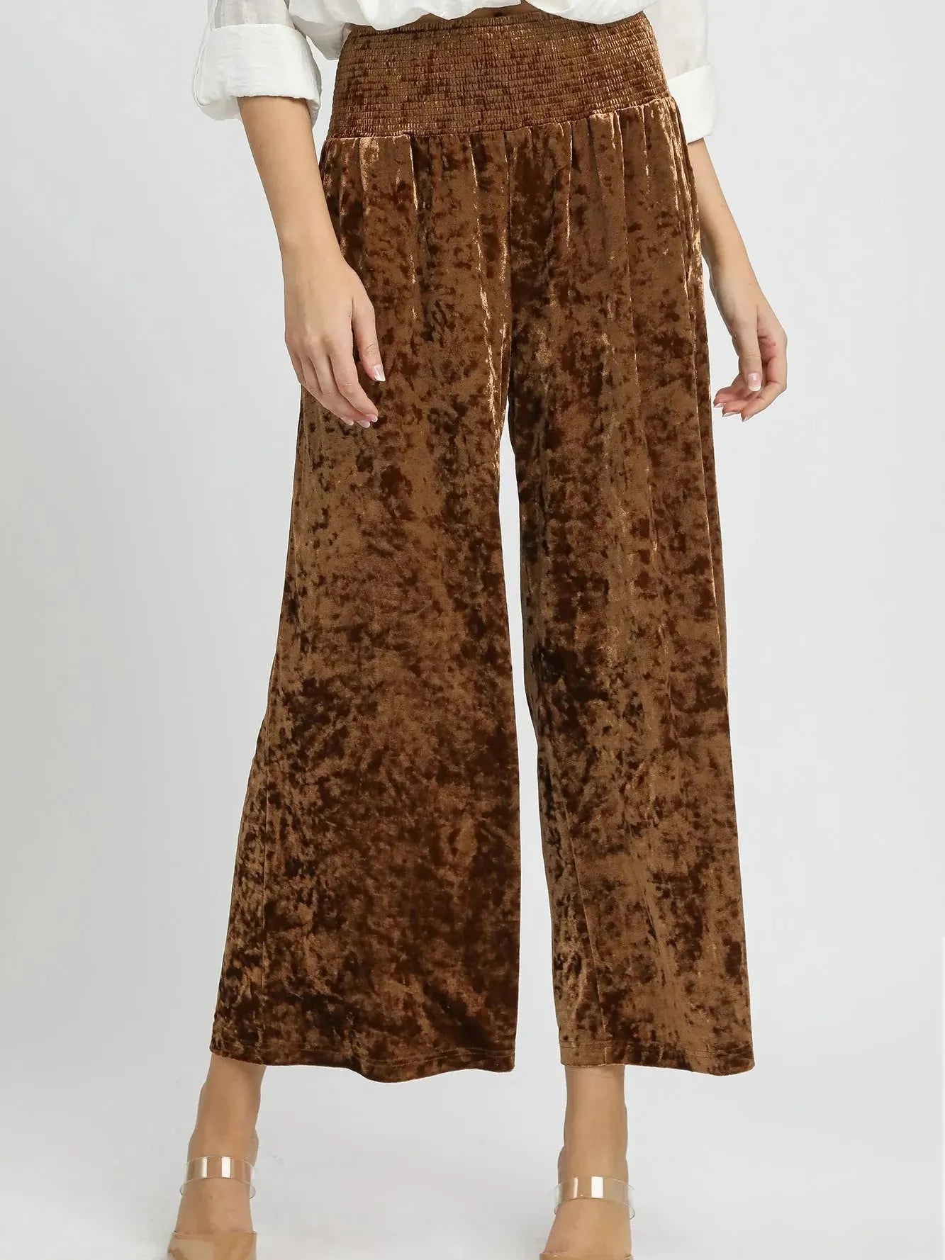 Umgee Velvet Crush Smocked Waist Wide Cropped Pants in Cocoa-Women's Pants-Shop Z & Joxa