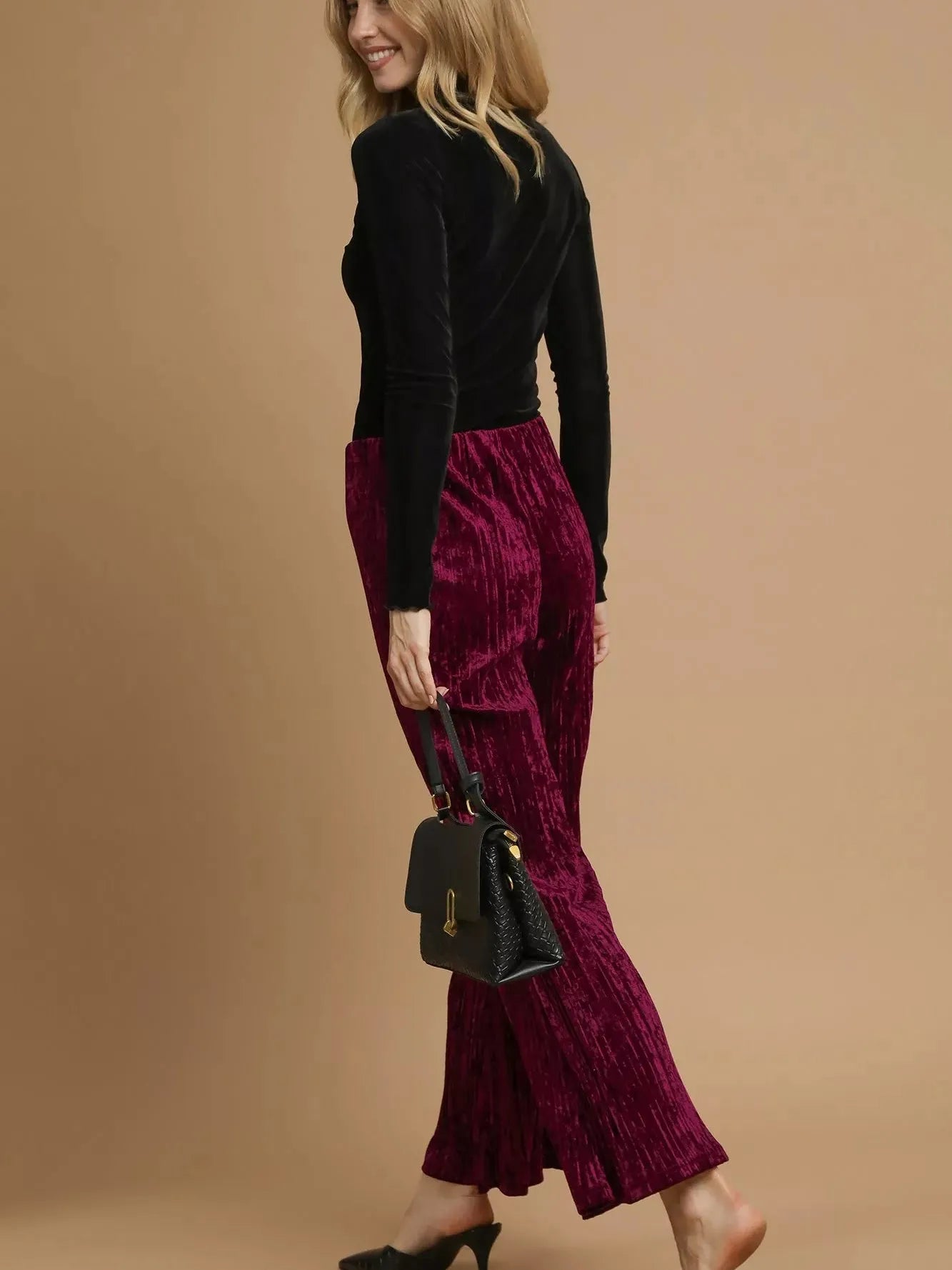 Umgee Velvet Crush Smocked Waist Wide Cropped Pants in Wine-Women's Pants-Shop Z & Joxa