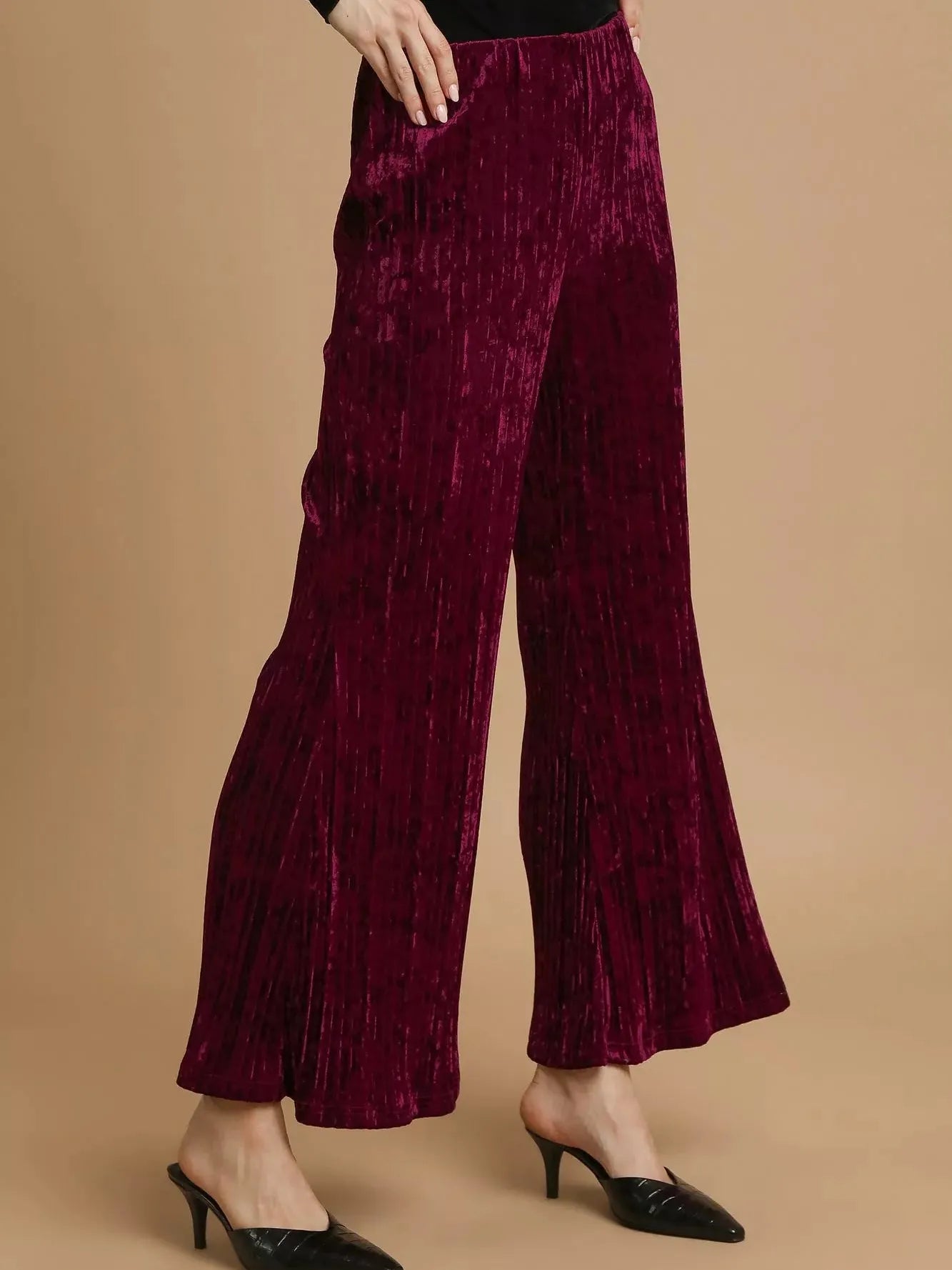 Umgee Velvet Crush Smocked Waist Wide Cropped Pants in Wine-Women's Pants-Shop Z & Joxa