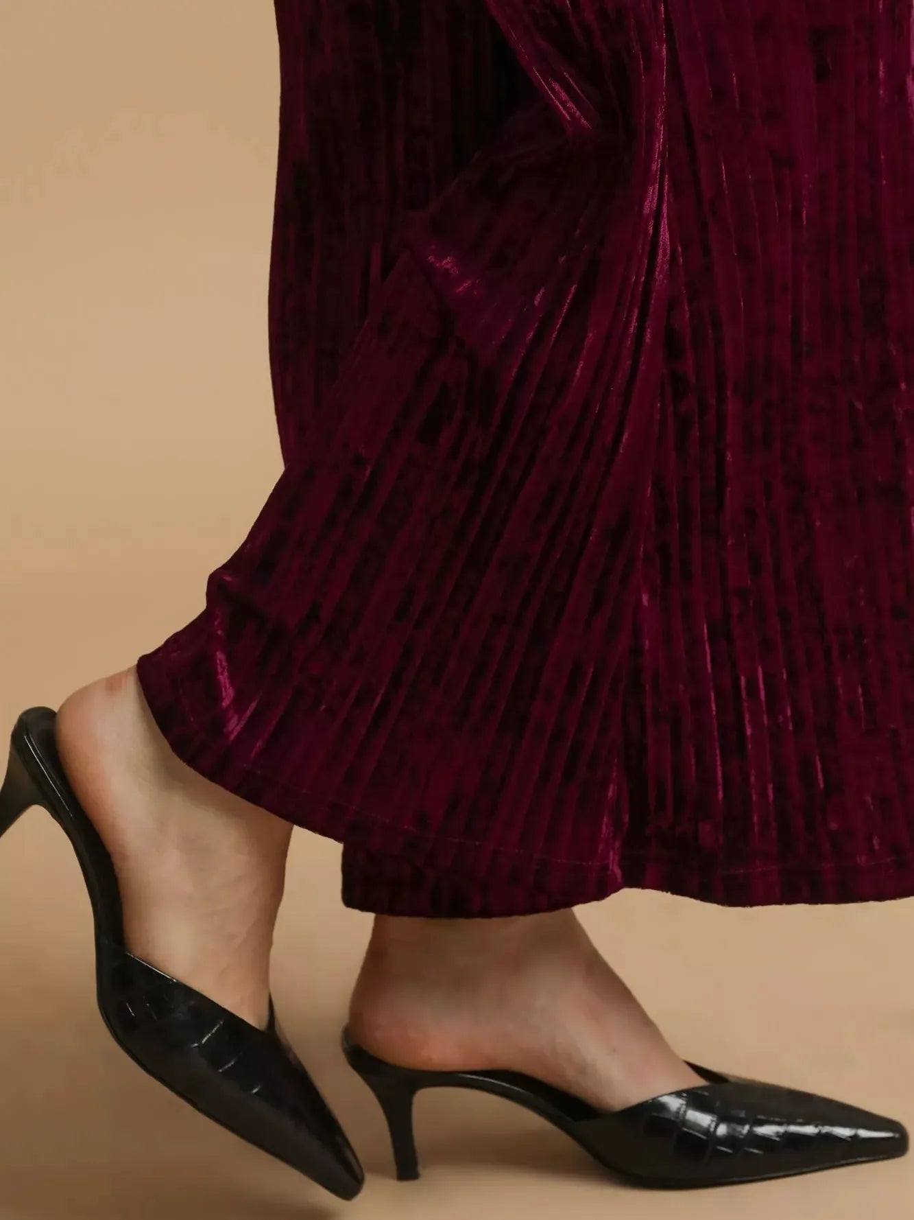 Umgee Velvet Crush Smocked Waist Wide Cropped Pants in Wine-Women's Pants-Shop Z & Joxa