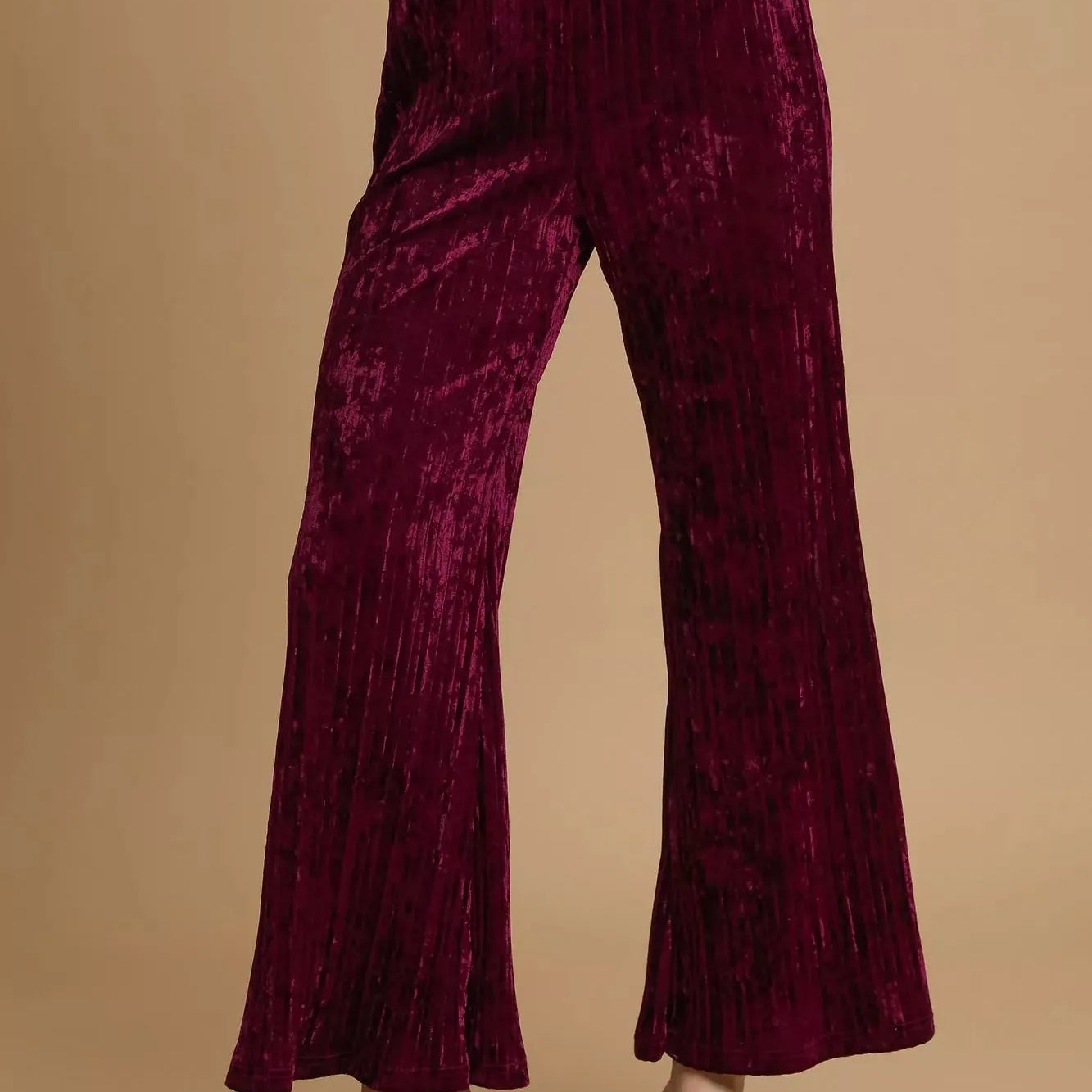 Umgee Velvet Crush Smocked Waist Wide Cropped Pants in Wine-Women's Pants-Shop Z & Joxa