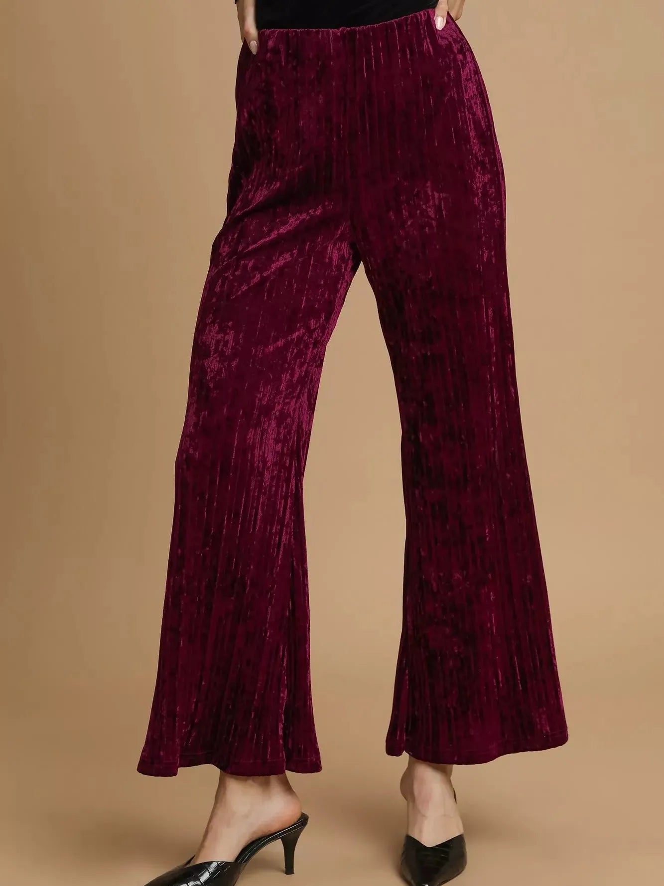 Umgee Velvet Crush Smocked Waist Wide Cropped Pants in Wine-Women's Pants-Shop Z & Joxa
