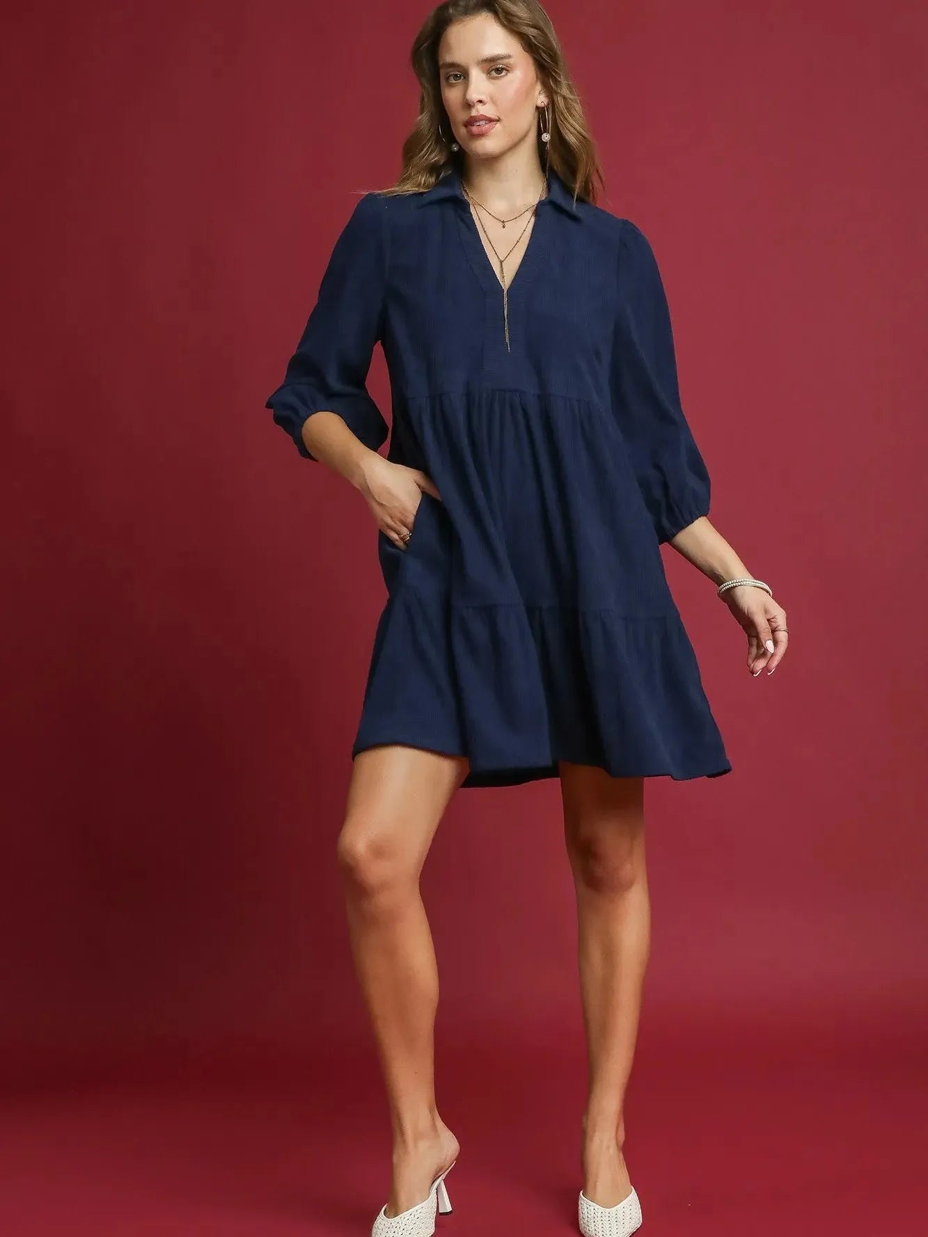 Umgee Velvet Valley Tiered Corduroy Balloon Sleeves Dress-Women's Dresses-Shop Z & Joxa