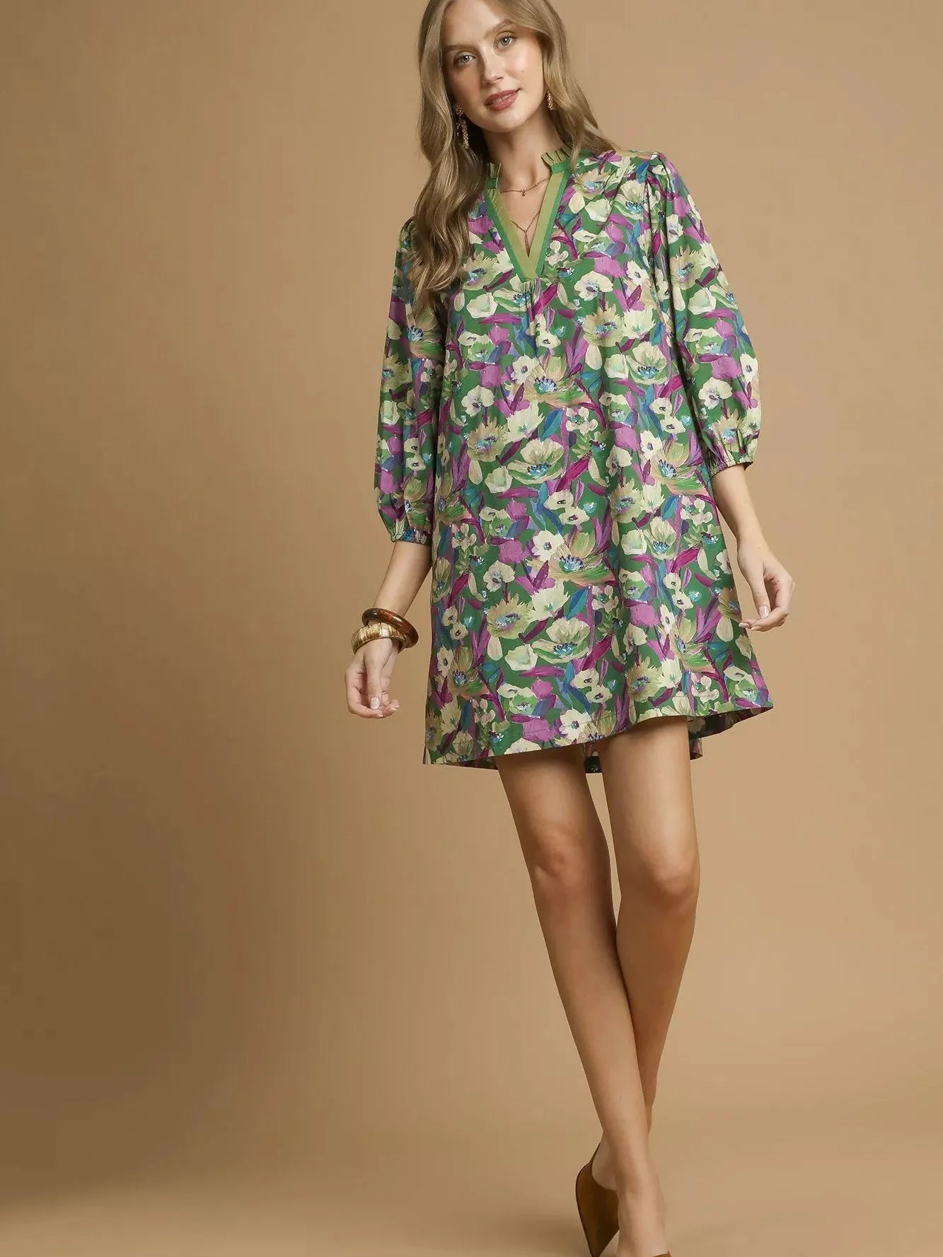 Umgee Verdant Bloom Boho Floral Balloon Sleeve Mini Dress-Women's Dresses-Shop Z & Joxa