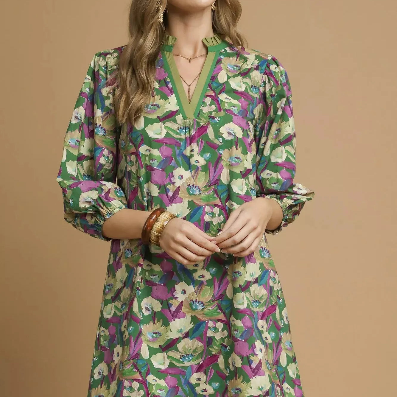 Umgee Verdant Bloom Boho Floral Balloon Sleeve Mini Dress-Women's Dresses-Shop Z & Joxa