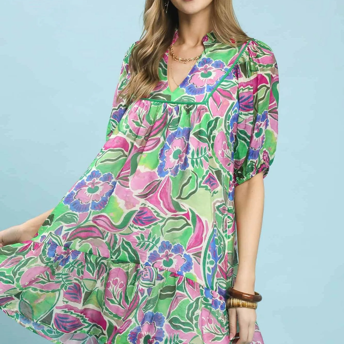 Umgee Watercolor Whimsy Green Floral Babydoll Dress-Women's Dresses-Shop Z & Joxa