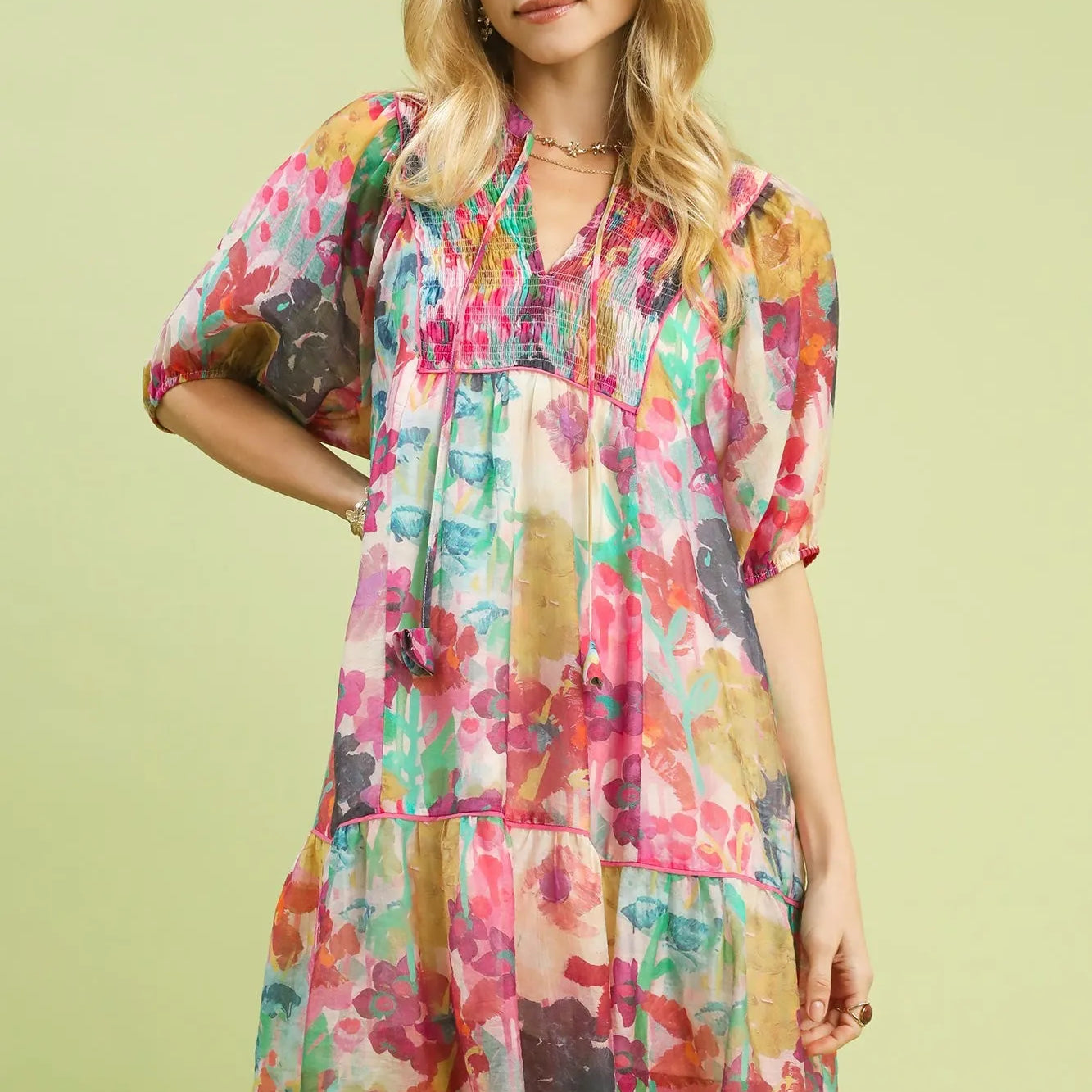 Umgee Watercolor Whimsy Pink Floral Babydoll Dress-Women's Dresses-Shop Z & Joxa
