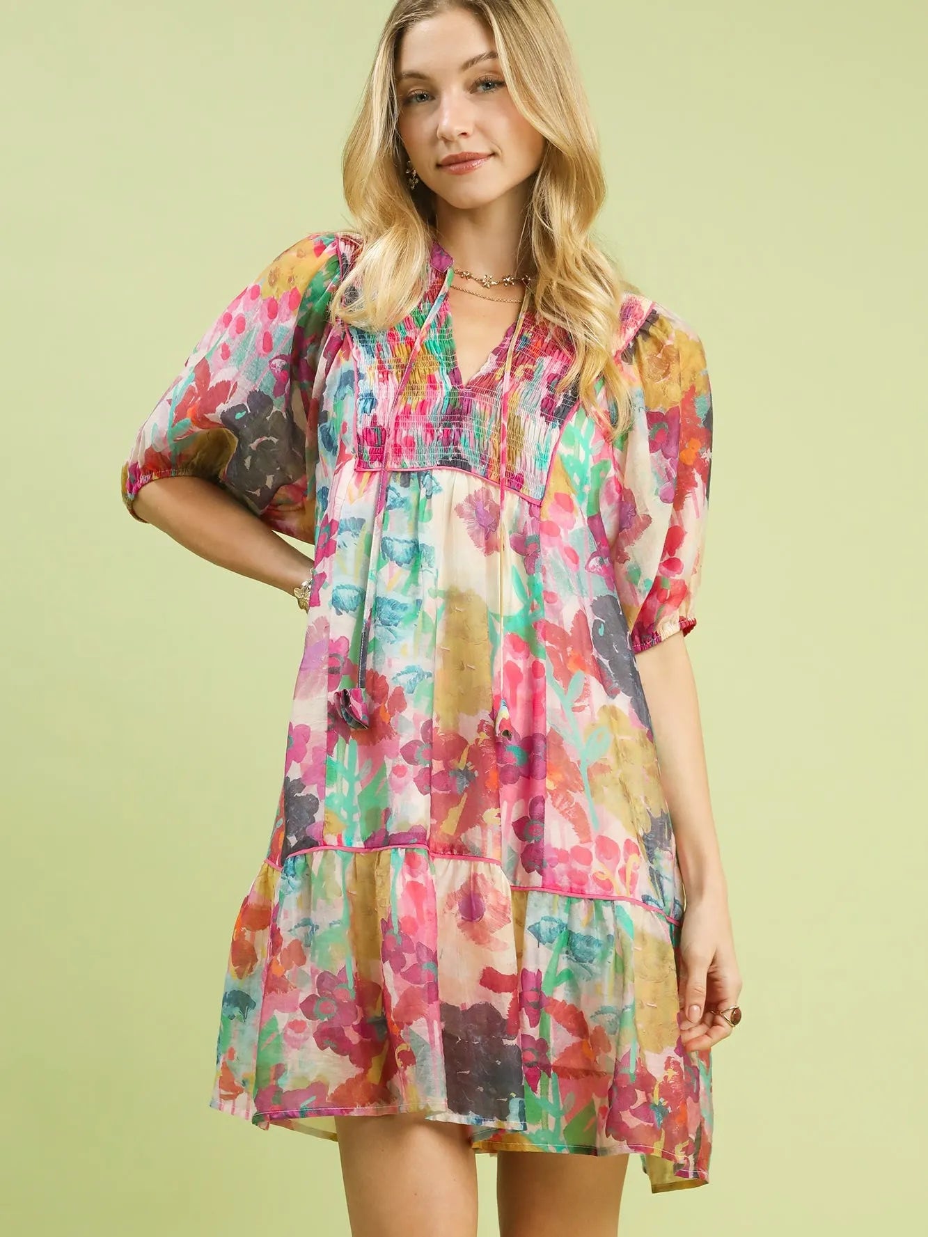 Umgee Watercolor Whimsy Pink Floral Babydoll Dress-Women's Dresses-Shop Z & Joxa