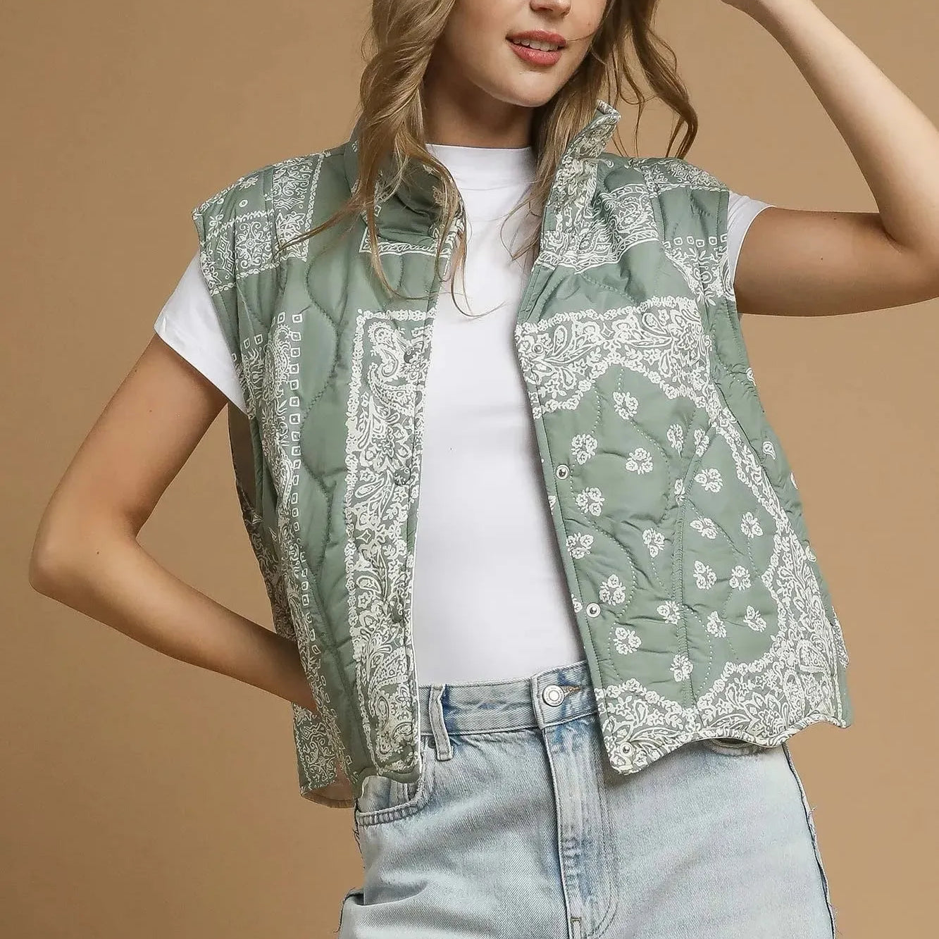 Umgee Wild Heart Bandana Quilted Puffer Vest-Women's Shirts & Tops-Shop Z & Joxa