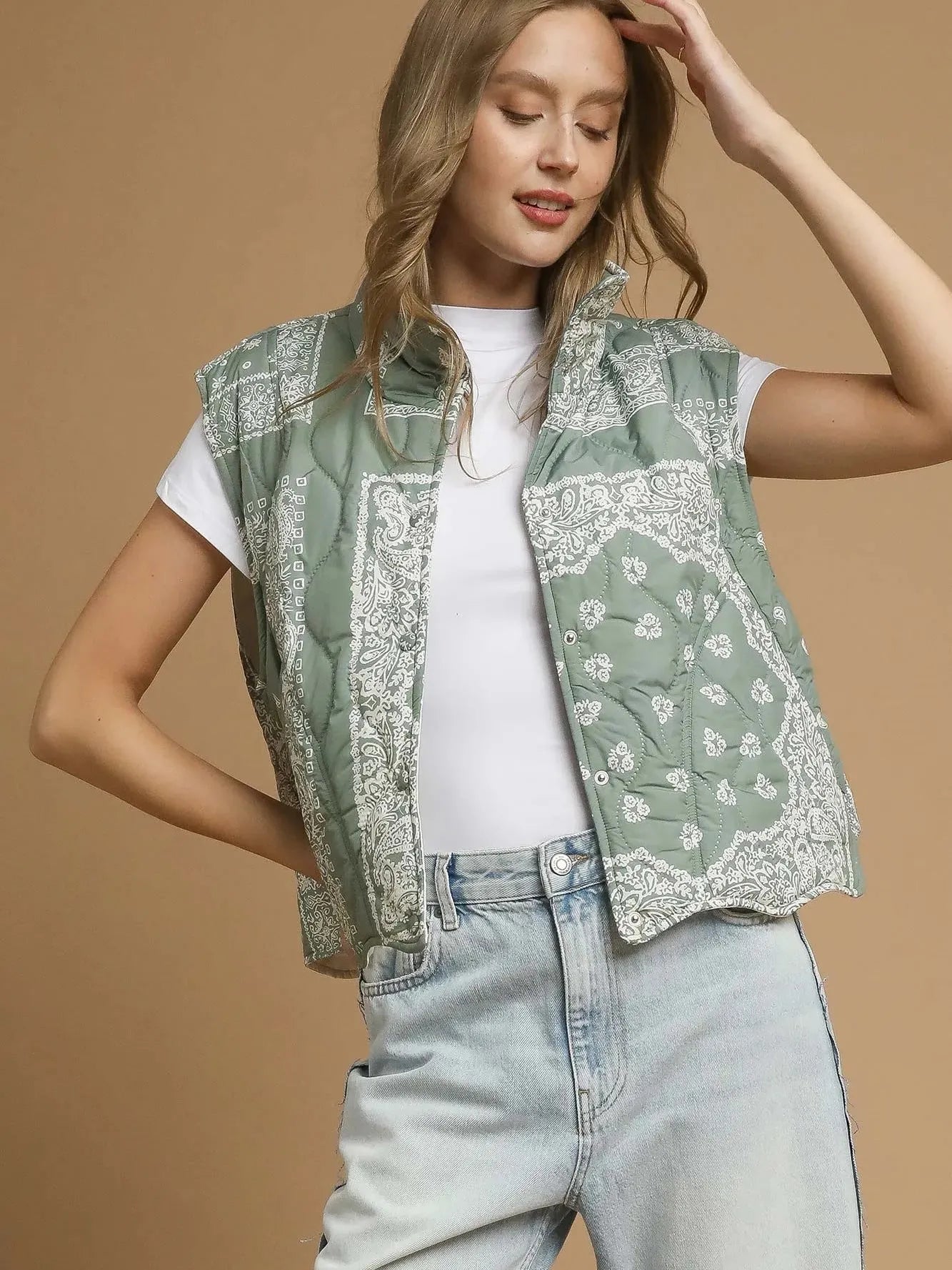 Umgee Wild Heart Bandana Quilted Puffer Vest-Women's Shirts & Tops-Shop Z & Joxa