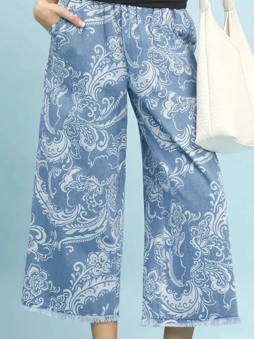 Umgee Wildflower Wash Stone Wash Wide Leg Crop Pants-Women's Pants-Shop Z & Joxa