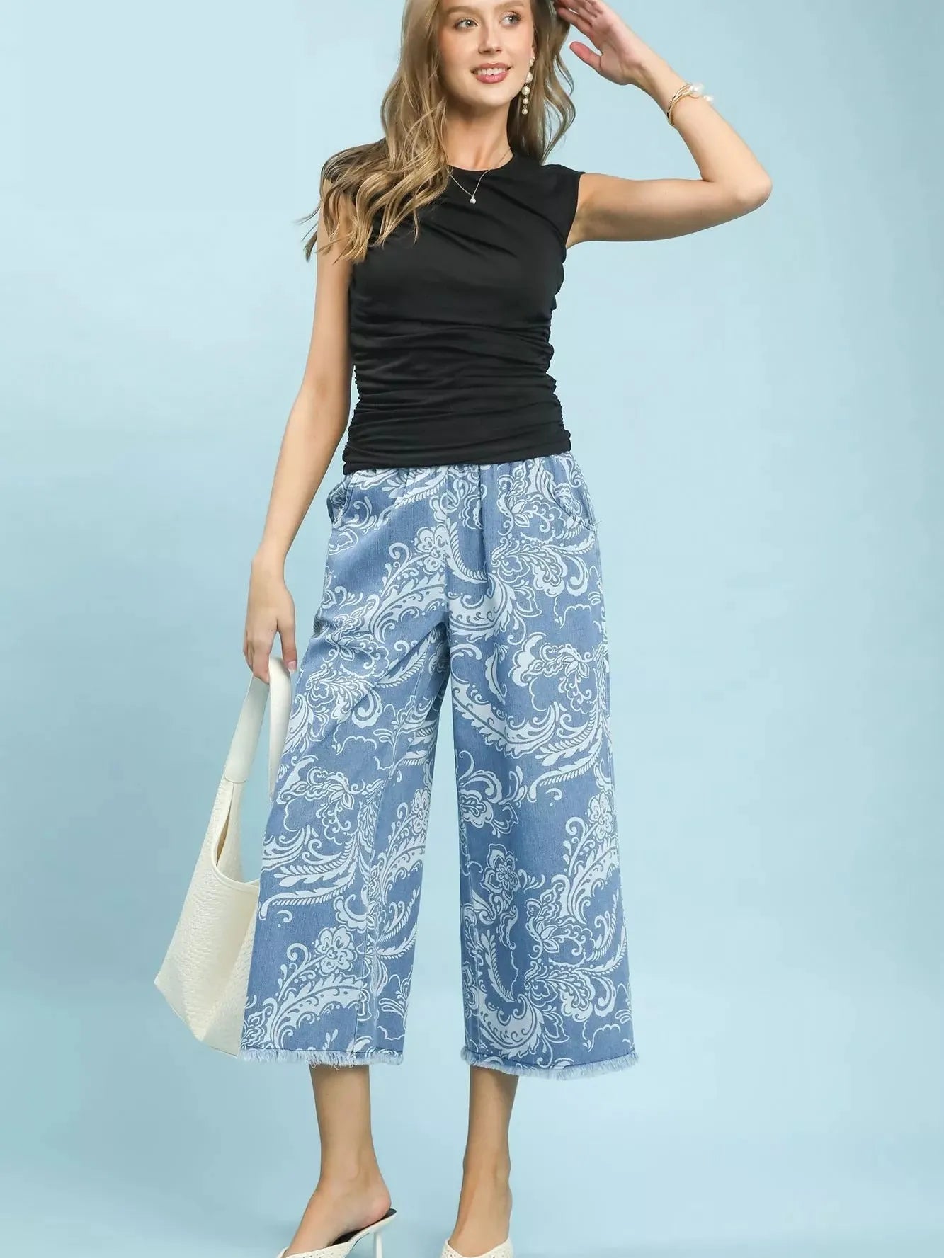 Umgee Wildflower Wash Stone Wash Wide Leg Crop Pants-Women's Pants-Shop Z & Joxa