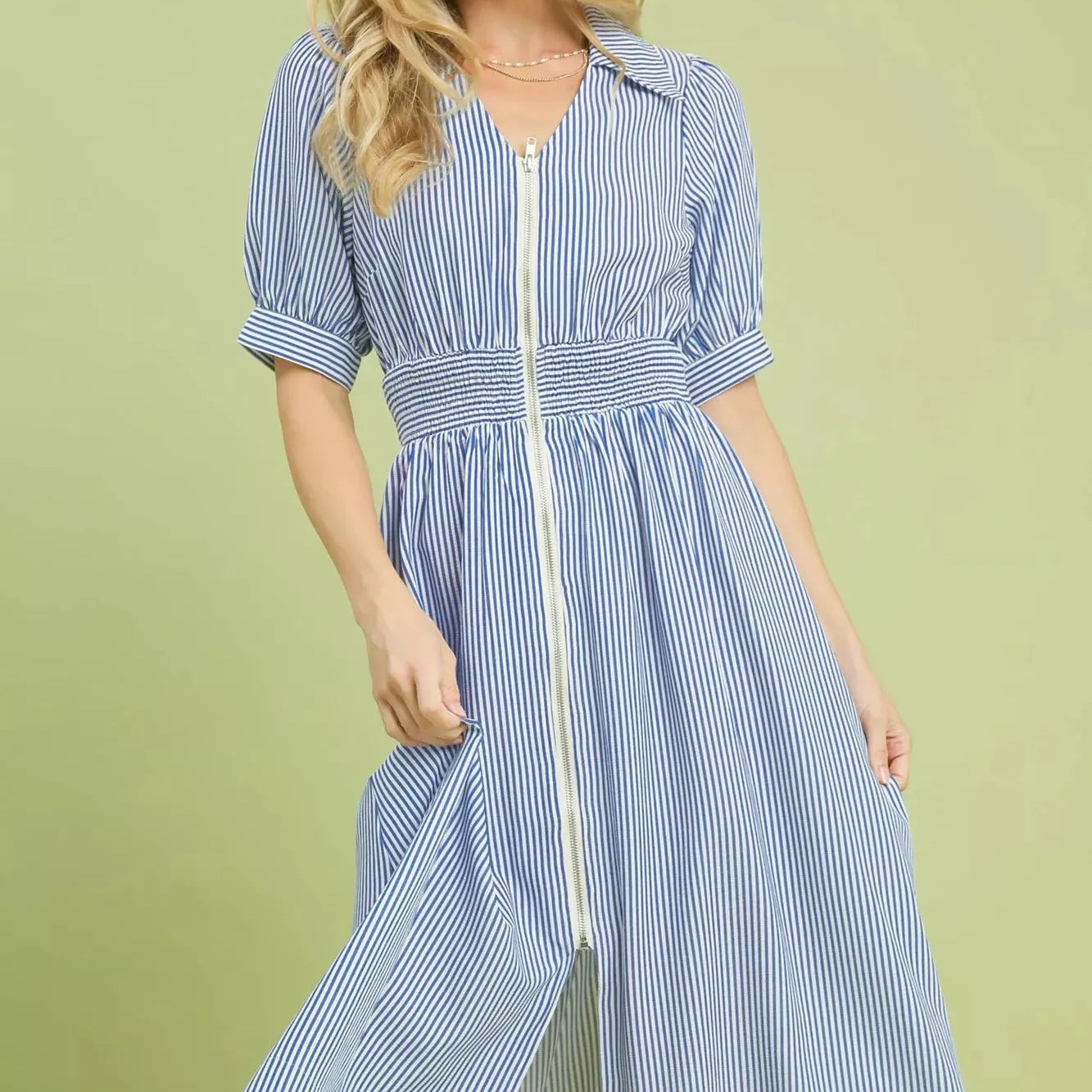 Umgee Zip into Summer Striped Midi Dress with Front Zipper-Women's Dresses-Shop Z & Joxa