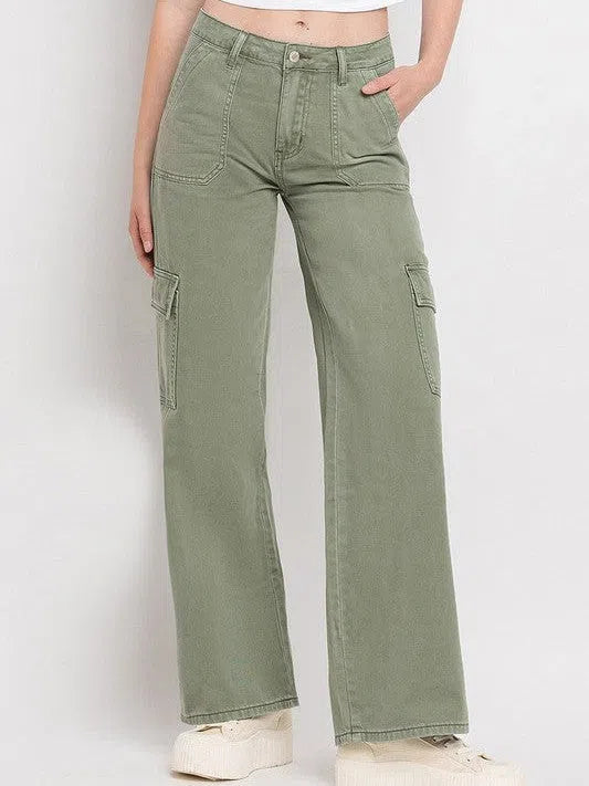 VERVET By Flying Monkey Simply the Best Wide Leg High Waisted Cargo Jeans-Women's Jeans-Shop Z & Joxa