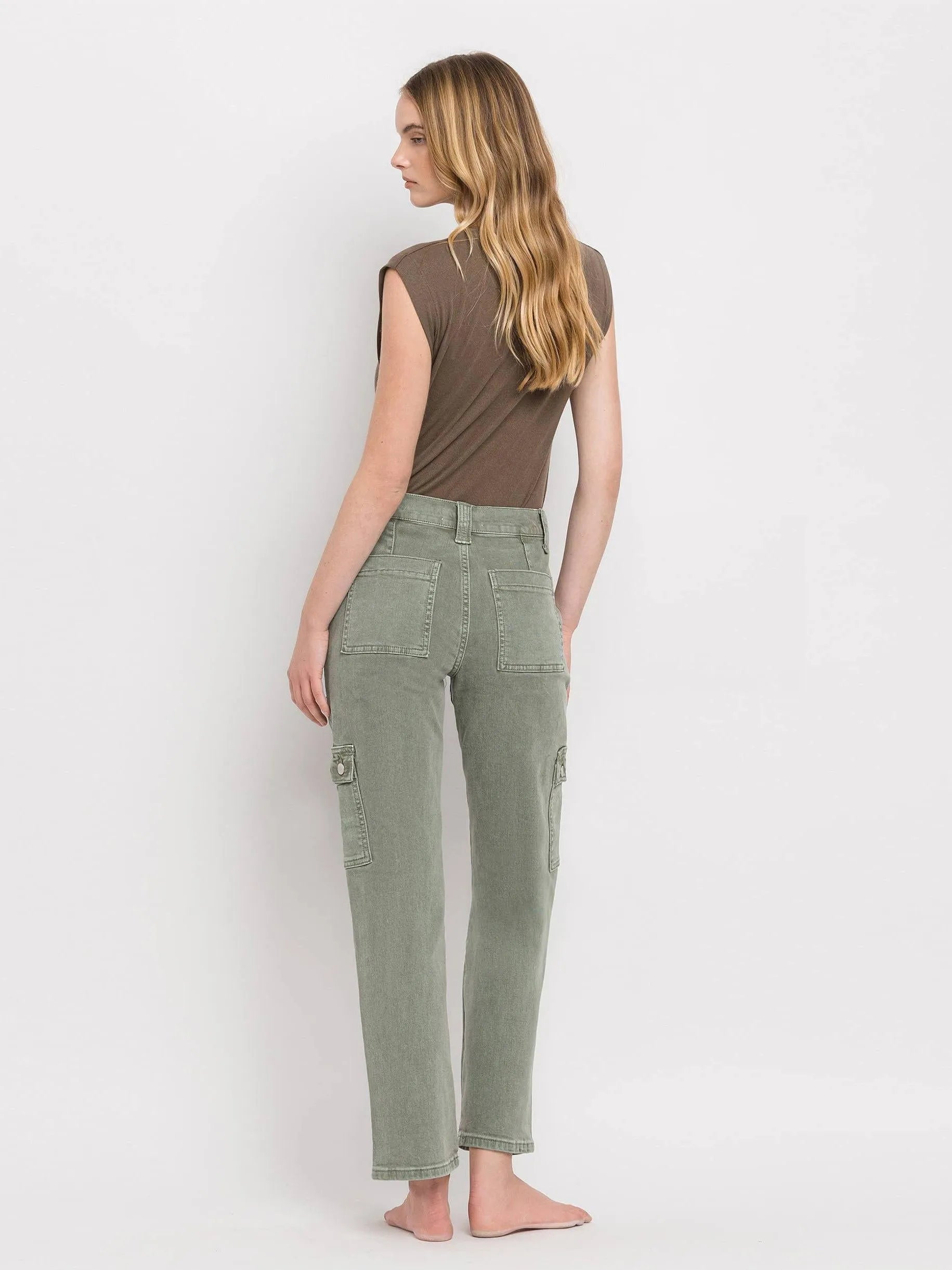 VERVET by Flying Monkey Army Green High Rise Cargo Straight Jeans-Women's Jeans-Shop Z & Joxa