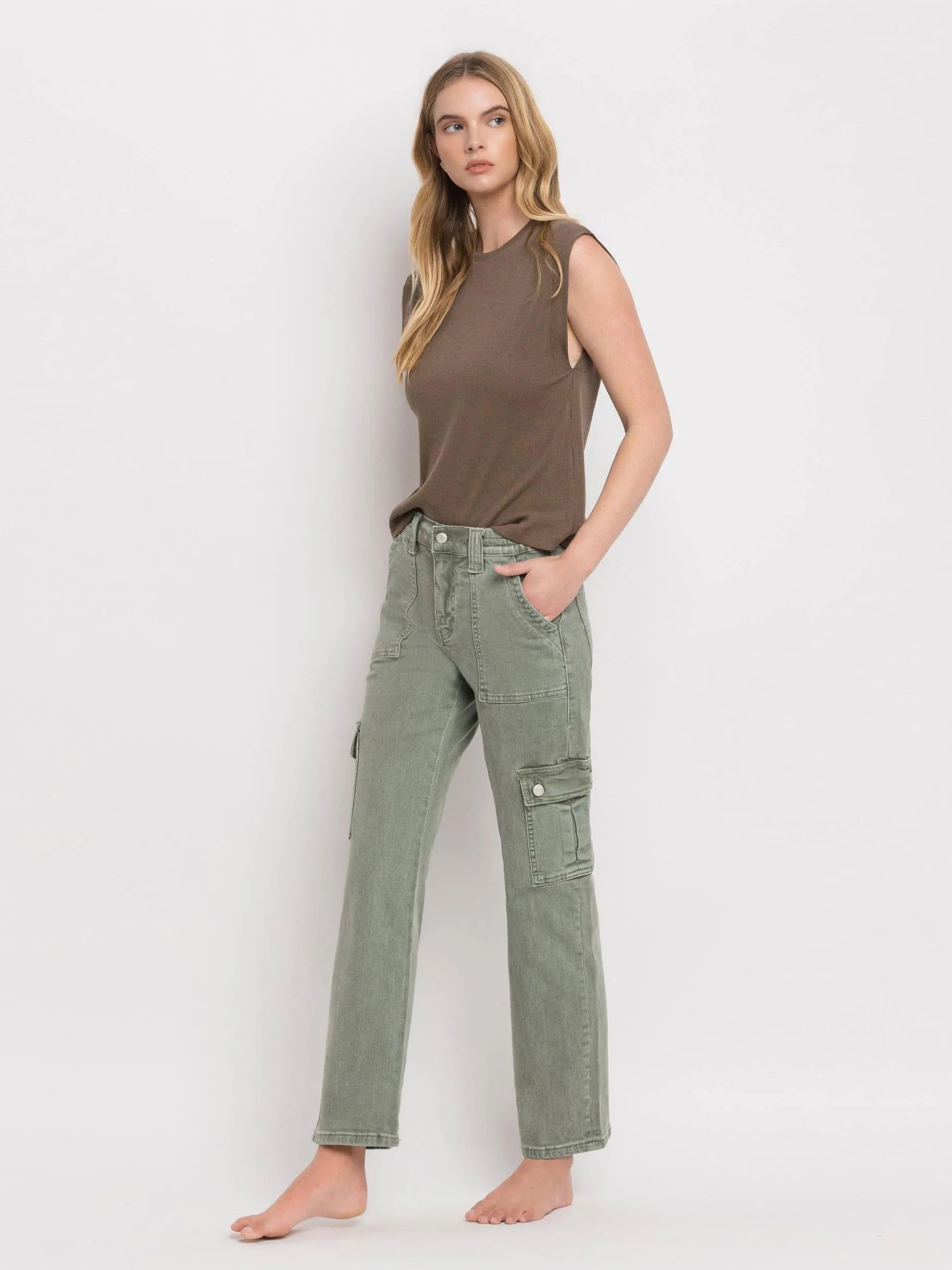 VERVET by Flying Monkey Army Green High Rise Cargo Straight Jeans-Women's Jeans-Shop Z & Joxa