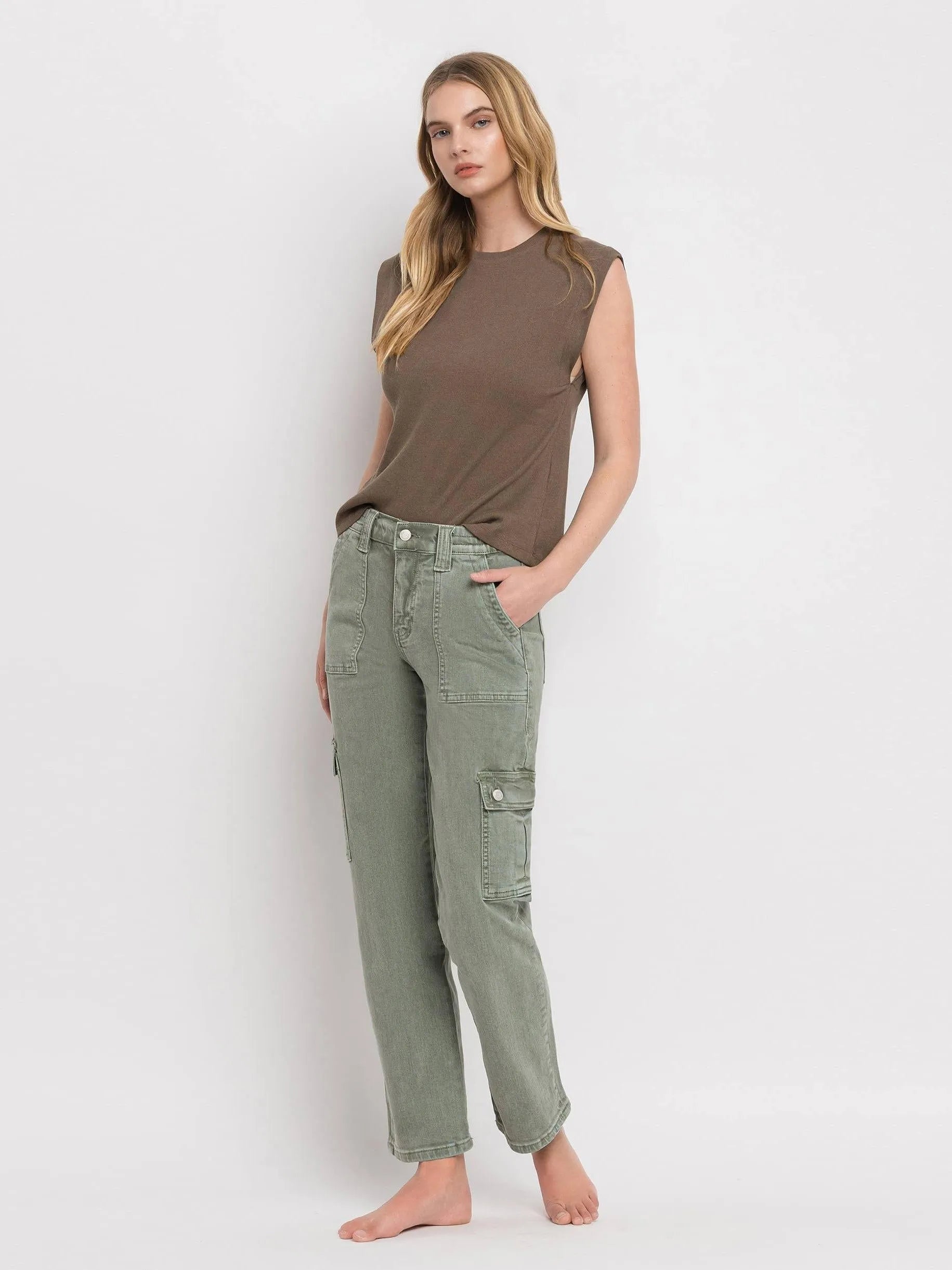 VERVET by Flying Monkey Army Green High Rise Cargo Straight Jeans-Women's Jeans-Shop Z & Joxa