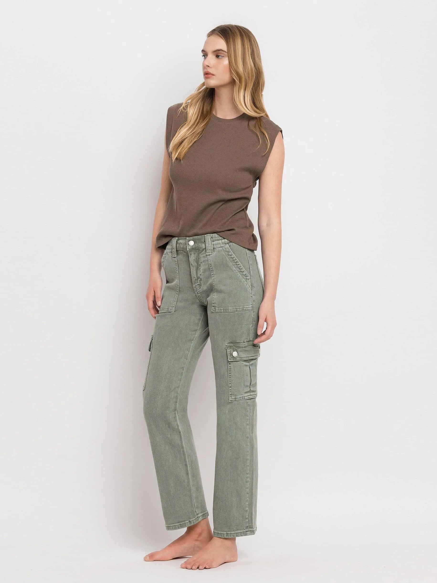 VERVET by Flying Monkey Army Green High Rise Cargo Straight Jeans-Women's Jeans-Shop Z & Joxa