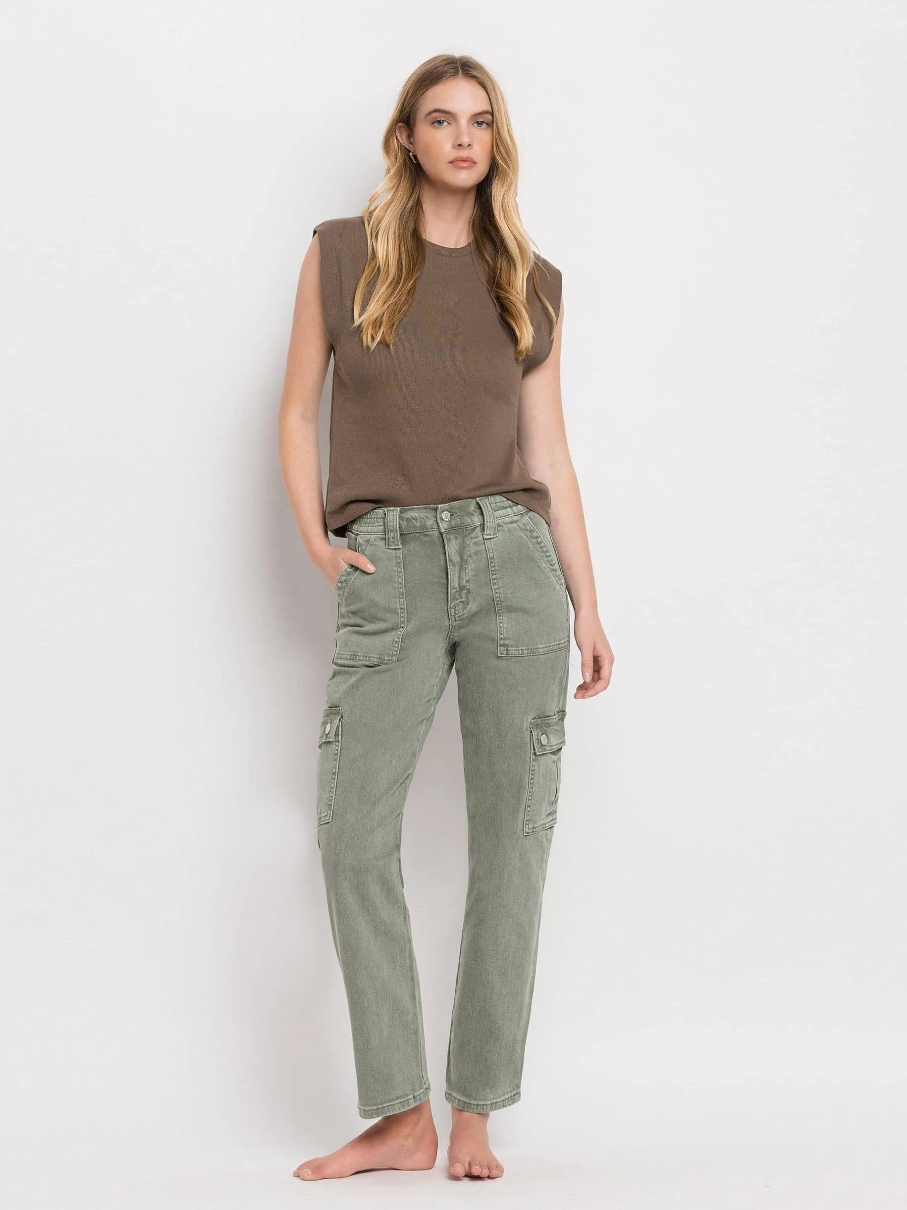 VERVET by Flying Monkey Army Green High Rise Cargo Straight Jeans-Women's Jeans-Shop Z & Joxa