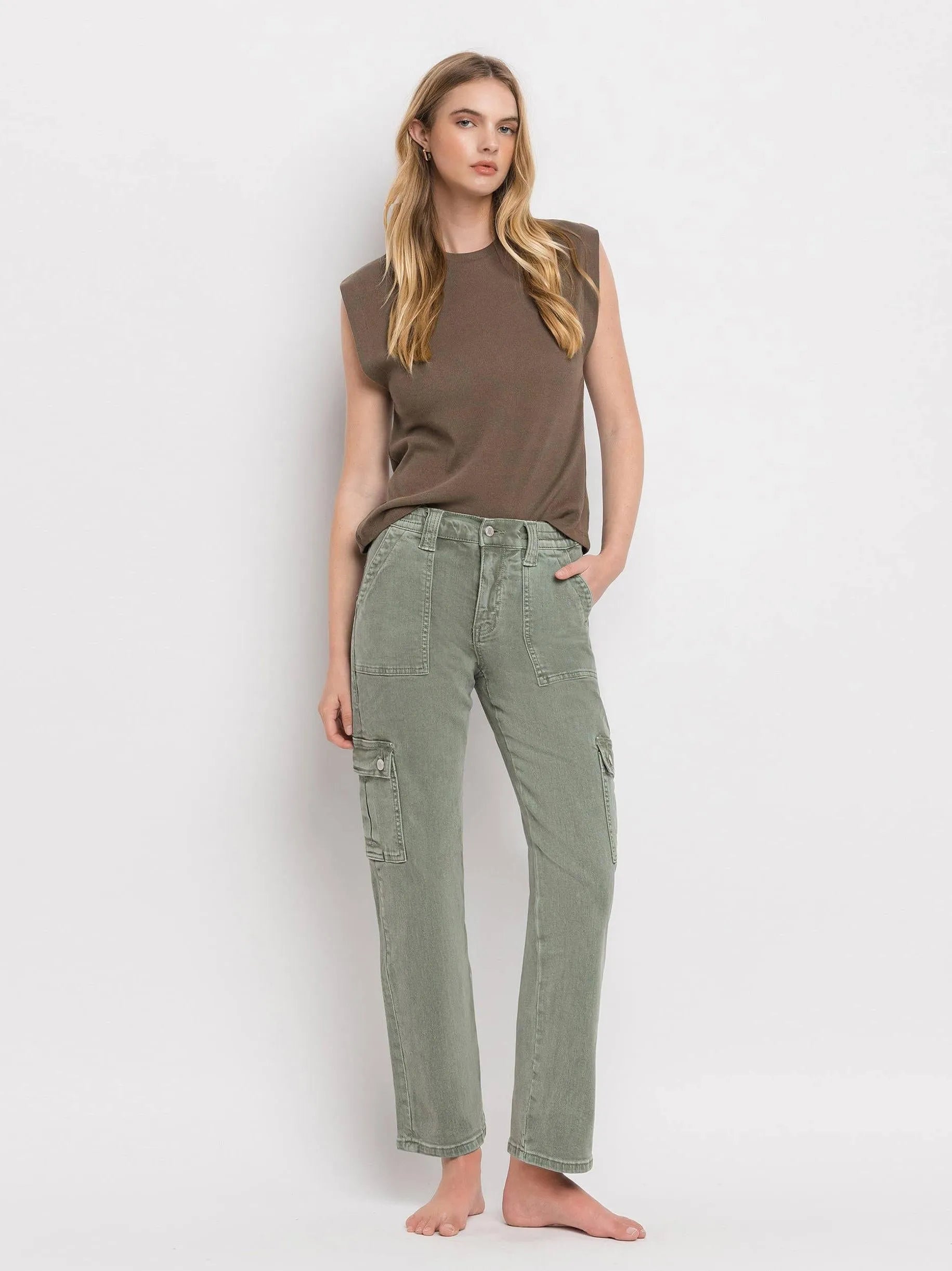 VERVET by Flying Monkey Army Green High Rise Cargo Straight Jeans-Women's Jeans-Shop Z & Joxa