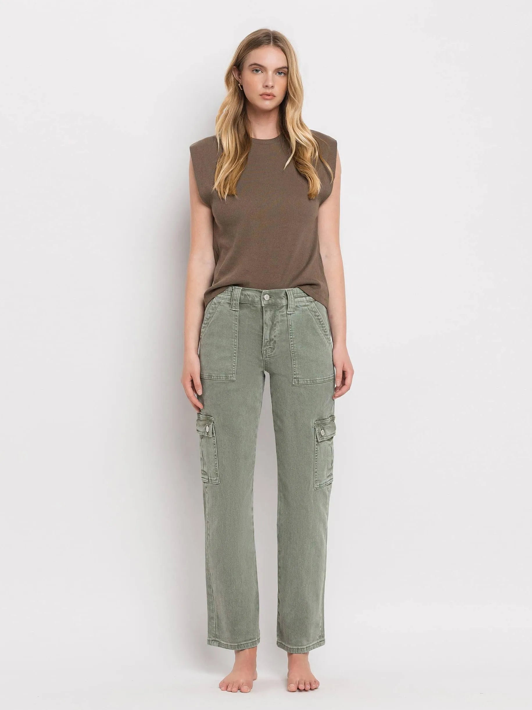 VERVET by Flying Monkey Army Green High Rise Cargo Straight Jeans-Women's Jeans-Shop Z & Joxa