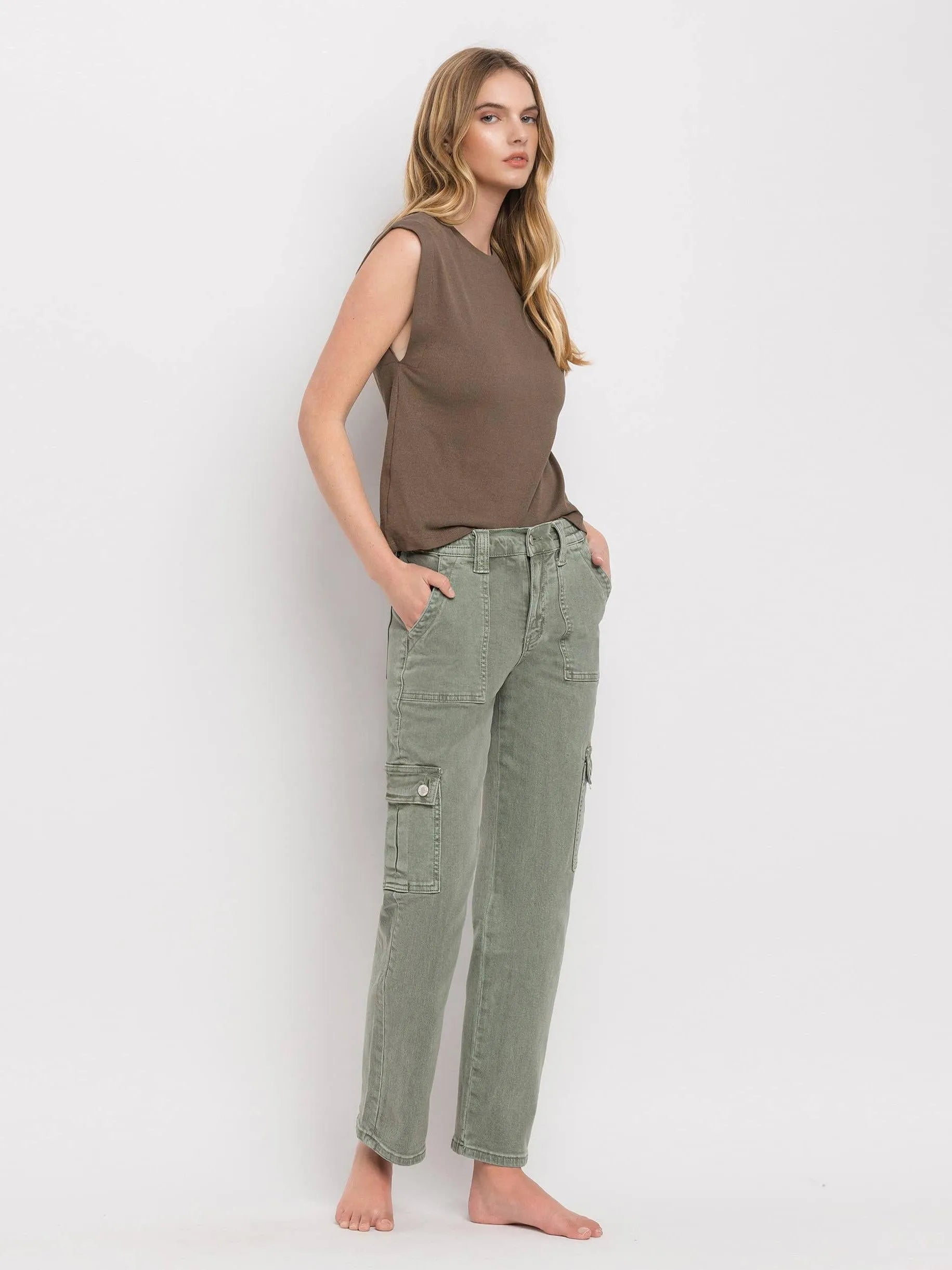 VERVET by Flying Monkey Army Green High Rise Cargo Straight Jeans-Women's Jeans-Shop Z & Joxa