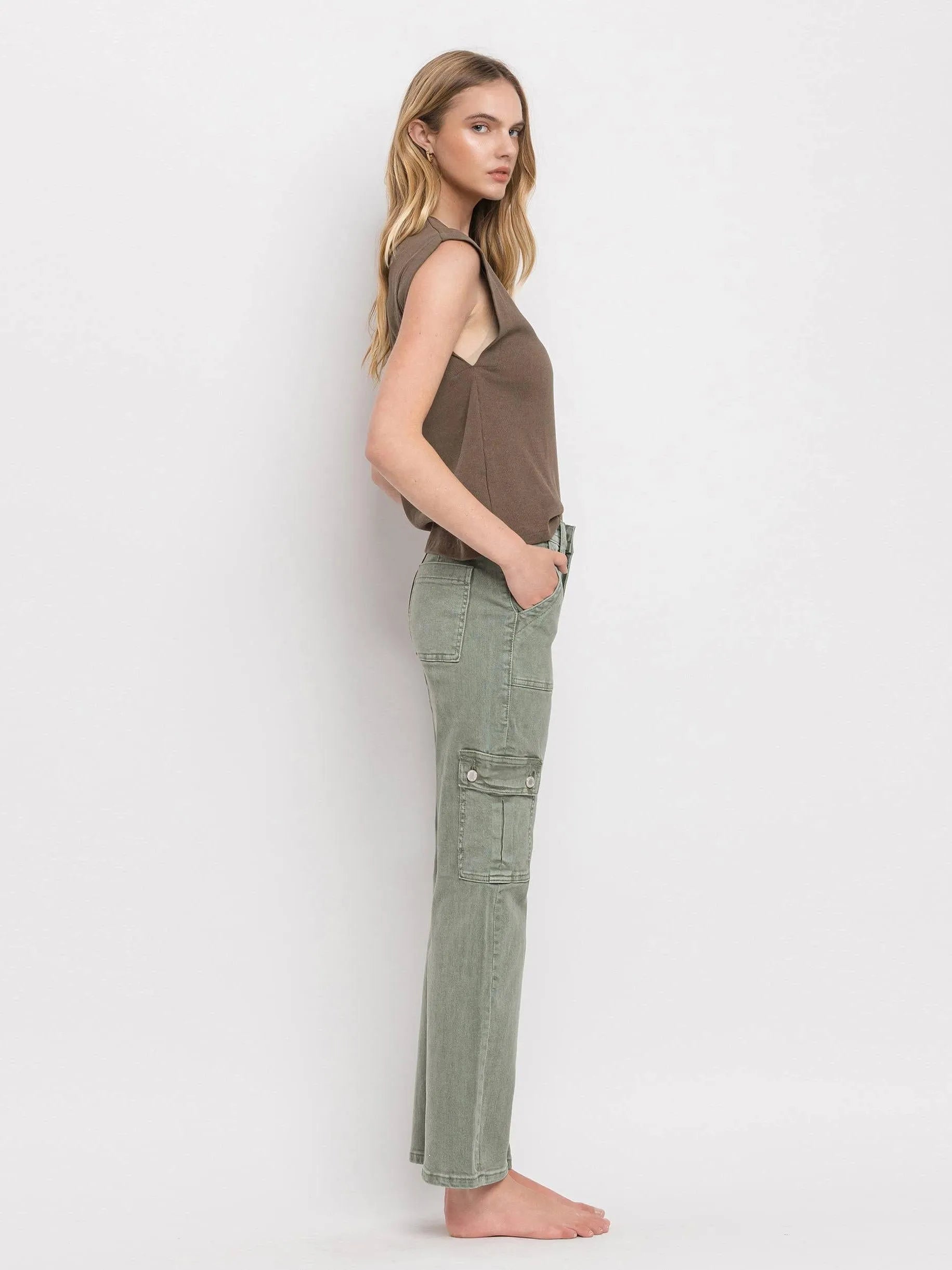 VERVET by Flying Monkey Army Green High Rise Cargo Straight Jeans-Women's Jeans-Shop Z & Joxa