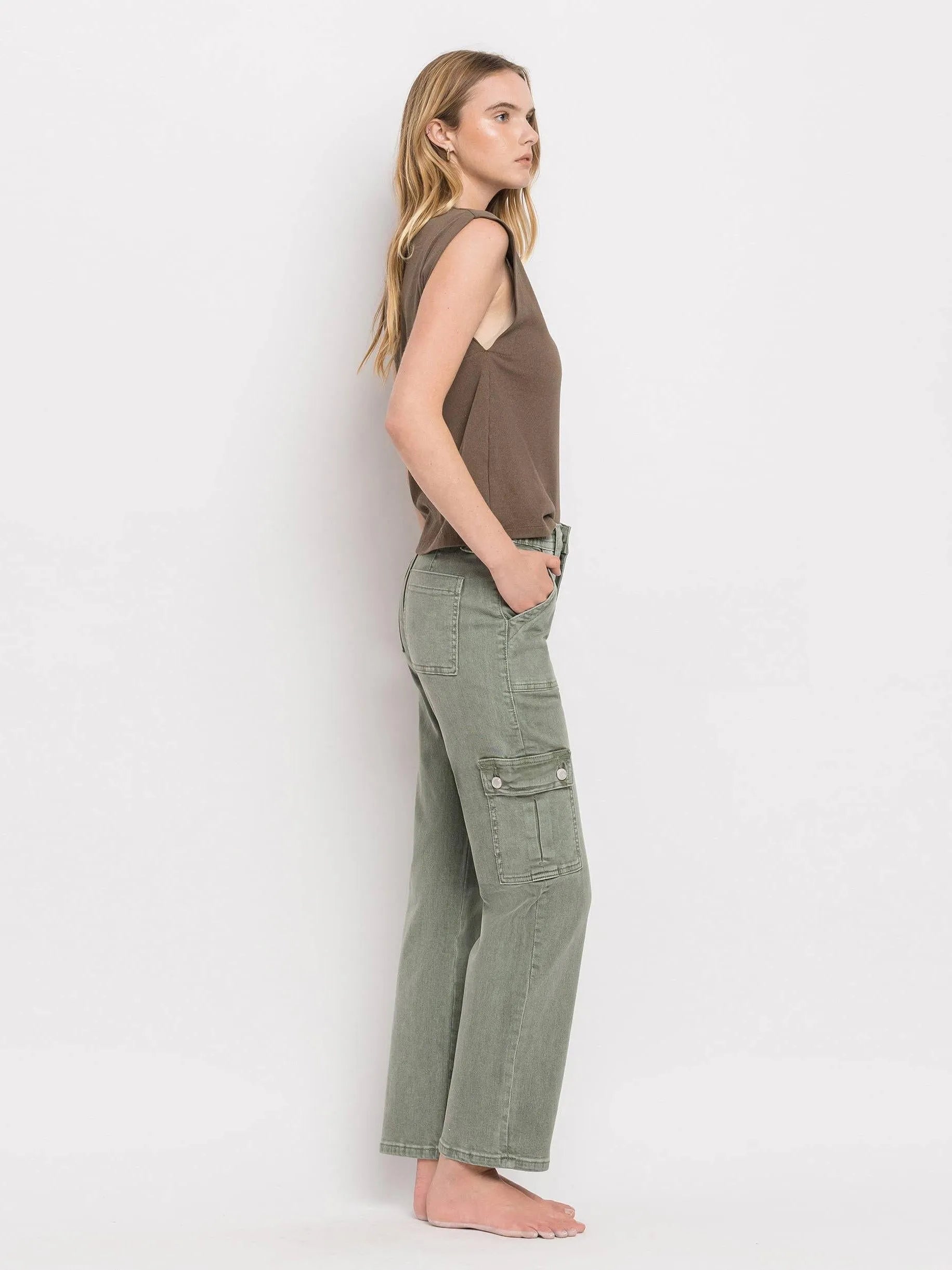 VERVET by Flying Monkey Army Green High Rise Cargo Straight Jeans-Women's Jeans-Shop Z & Joxa