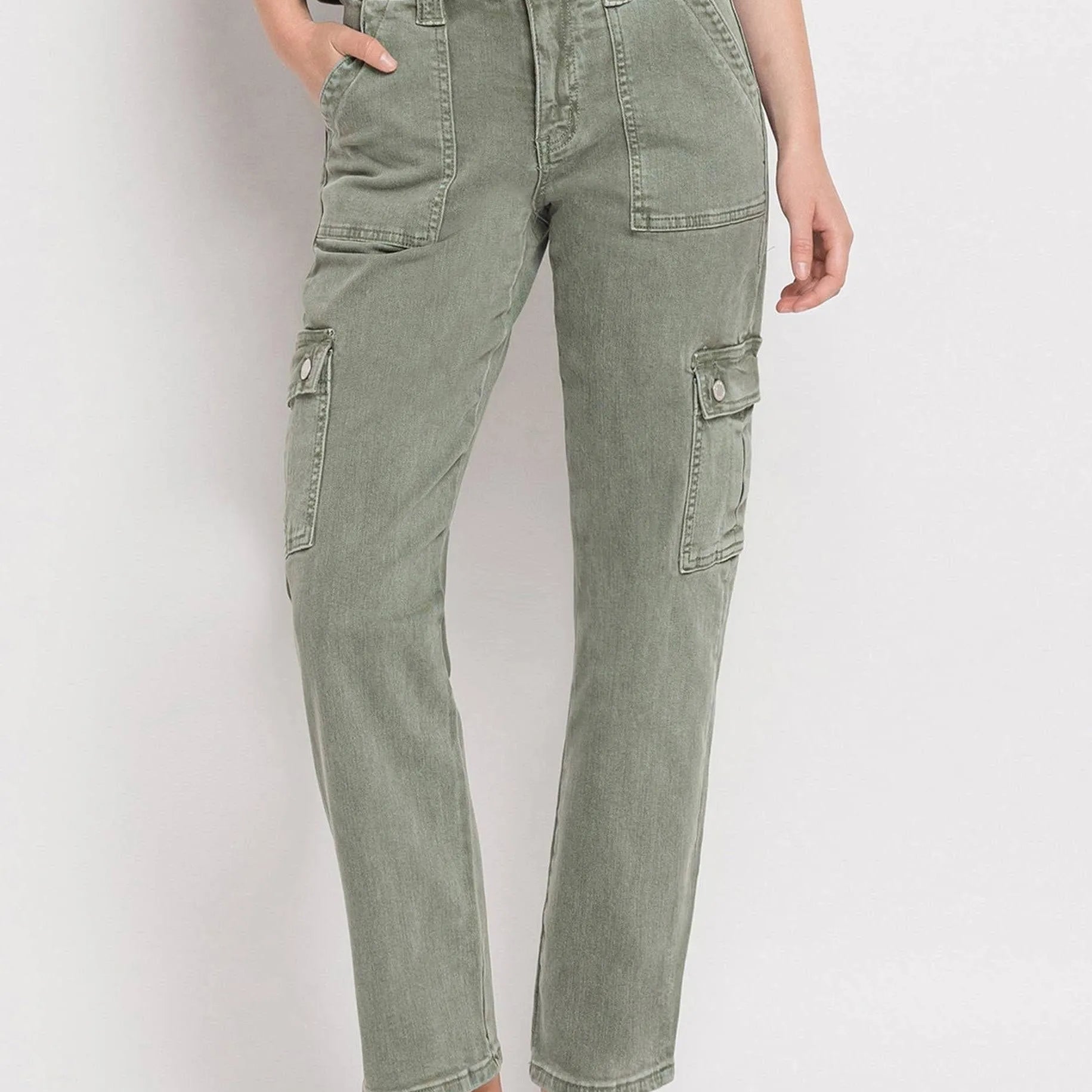VERVET by Flying Monkey Army Green High Rise Cargo Straight Jeans-Women's Jeans-Shop Z & Joxa