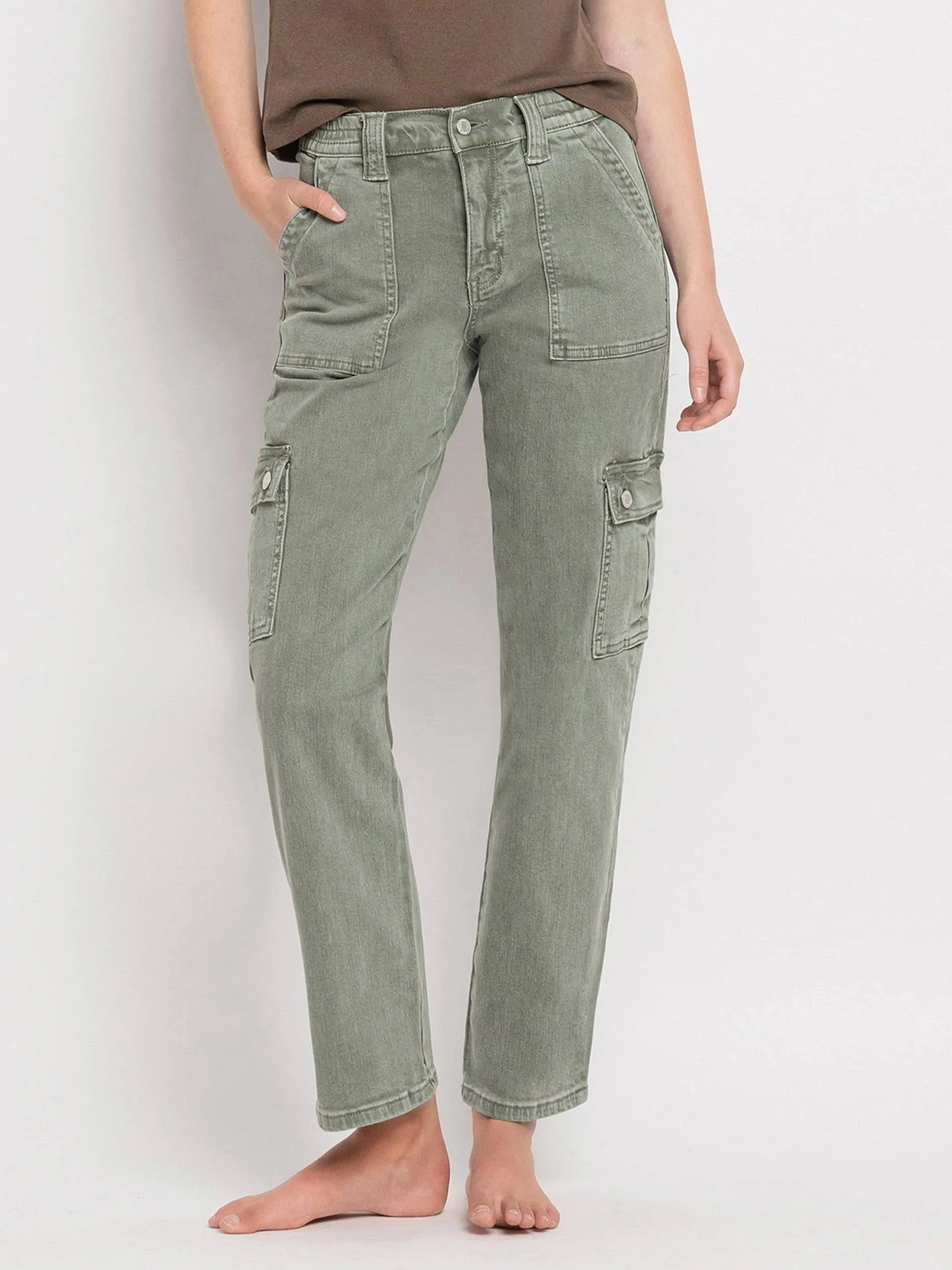 VERVET by Flying Monkey Army Green High Rise Cargo Straight Jeans-Women's Jeans-Shop Z & Joxa
