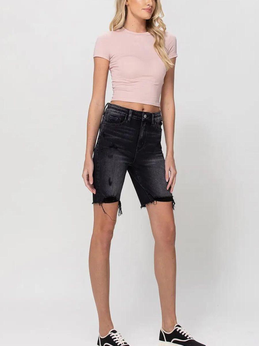 VERVET by Flying Monkey Black Denim Super High-Rise Long Shorts-Women's Shorts-Shop Z & Joxa