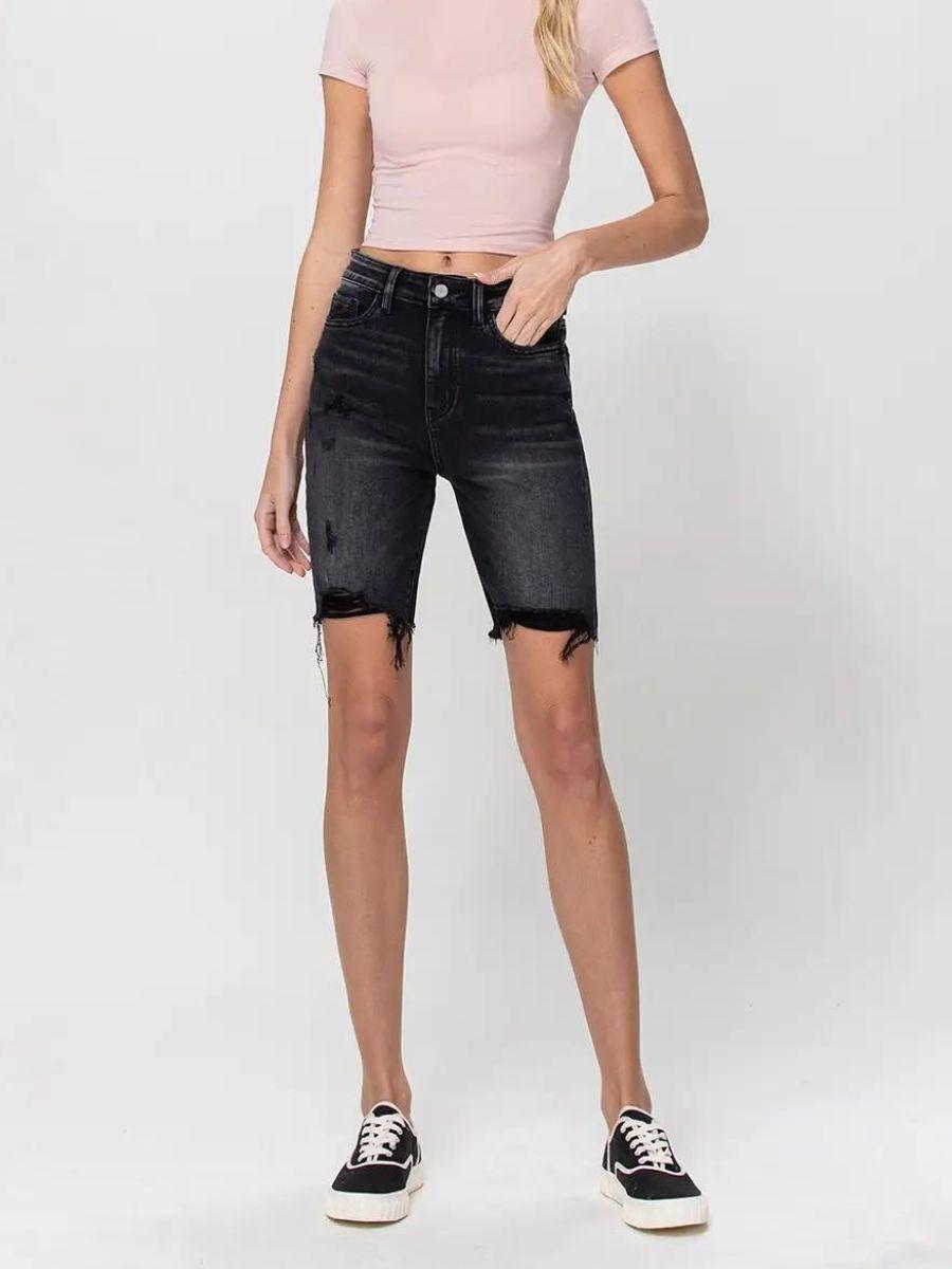 VERVET by Flying Monkey Black Denim Super High-Rise Long Shorts-Women's Shorts-Shop Z & Joxa