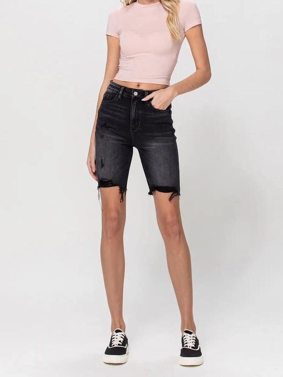 VERVET by Flying Monkey Black Denim Super High-Rise Long Shorts-Women's Shorts-Shop Z & Joxa
