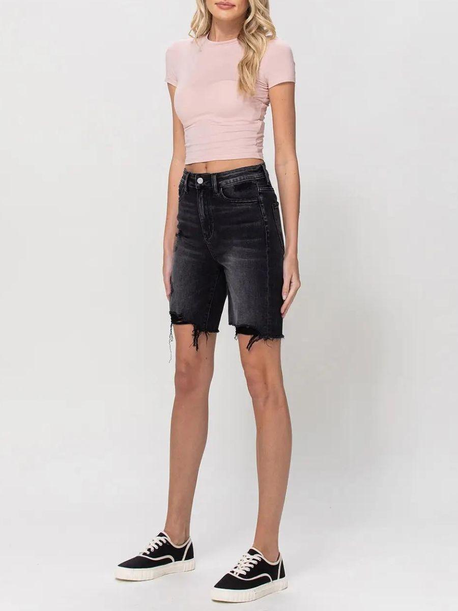 VERVET by Flying Monkey Black Denim Super High-Rise Long Shorts-Women's Shorts-Shop Z & Joxa