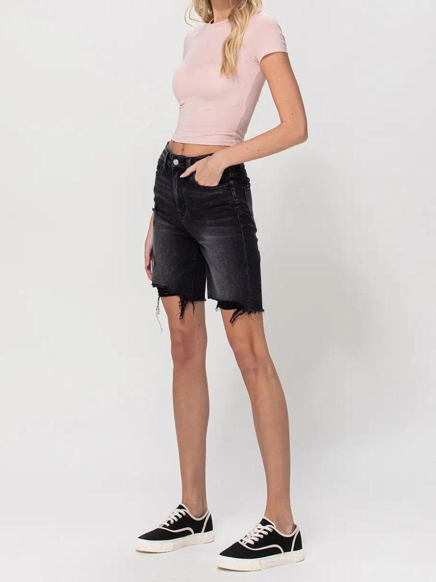 VERVET by Flying Monkey Black Denim Super High-Rise Long Shorts-Women's Shorts-Shop Z & Joxa