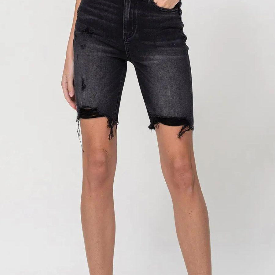 VERVET by Flying Monkey Black Denim Super High-Rise Long Shorts-Women's Shorts-Shop Z & Joxa
