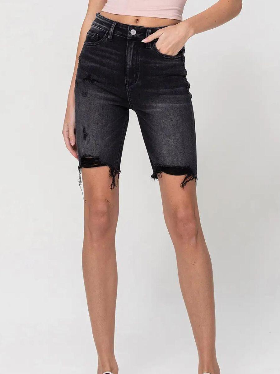VERVET by Flying Monkey Black Denim Super High-Rise Long Shorts-Women's Shorts-Shop Z & Joxa
