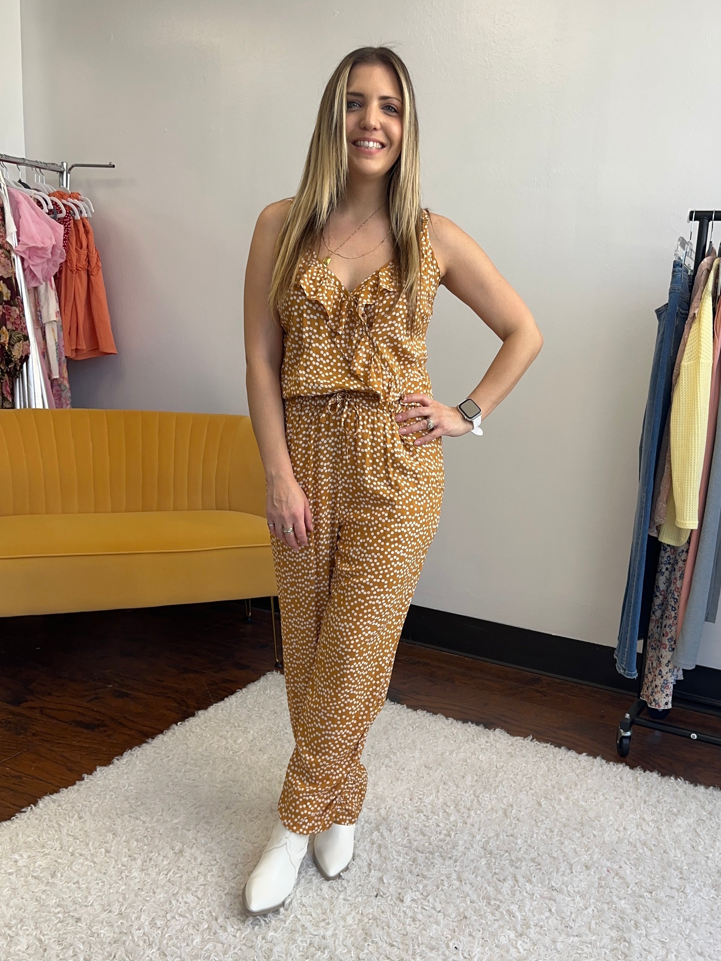 Vintage Yellow Polka Dot Jumper | Ethical Fashion-Women's Jumpsuits-Shop Z & Joxa