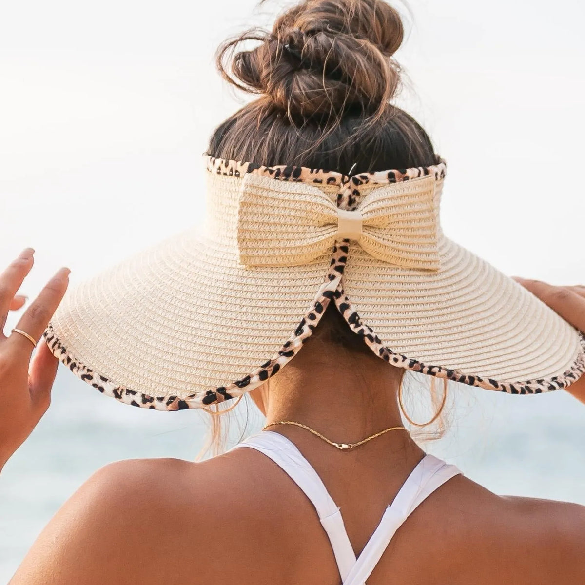 Wild About Sunshine Leopard Trim Foldable Bow Visors-Women's Accessories-Shop Z & Joxa