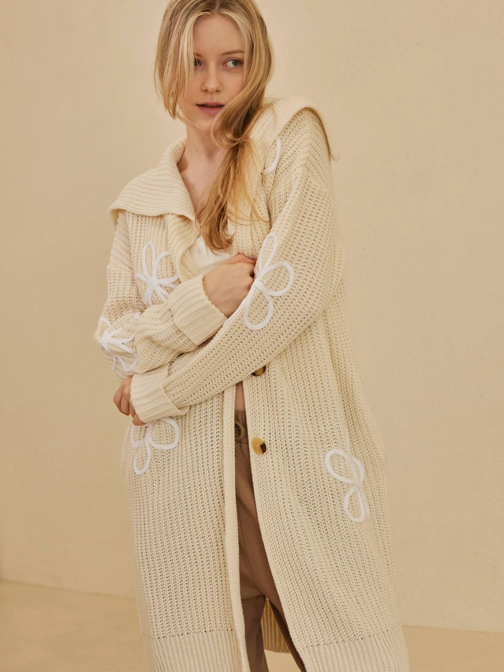 Wild Bloom Overstitch Wide Collar Long Cardigan-Women's Shirts & Tops-Shop Z & Joxa